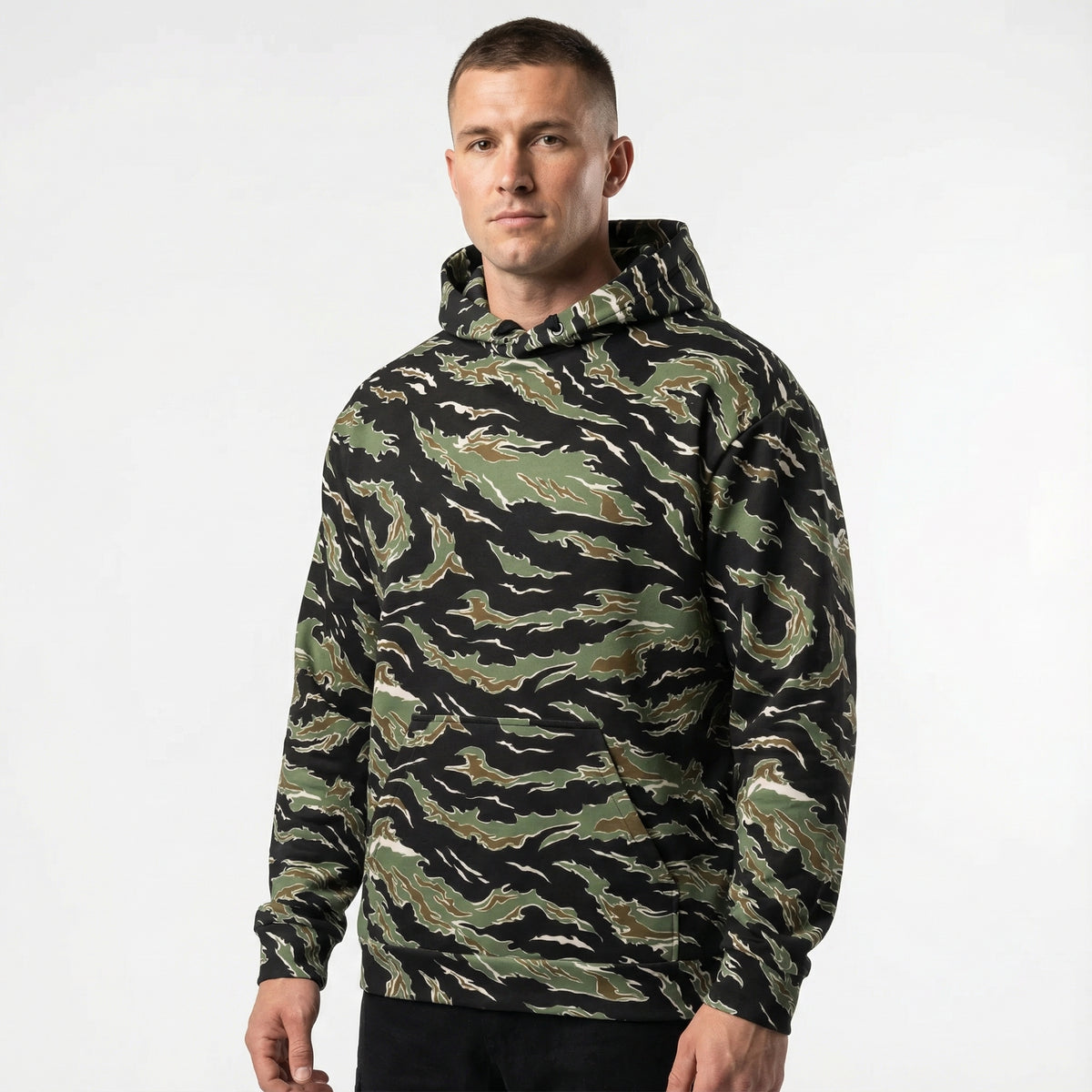 Man wearing a camouflage hoodie on a white background
