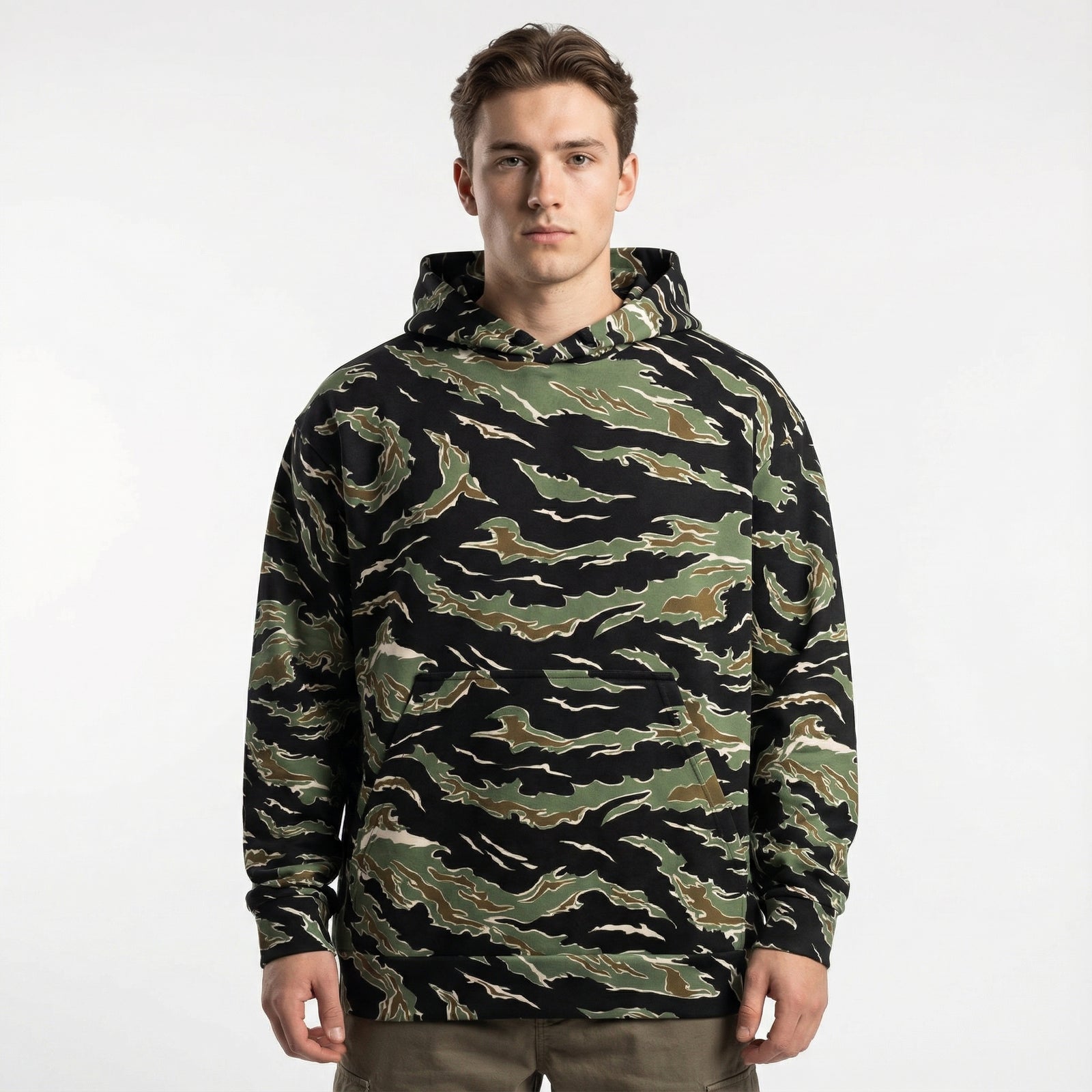 Man wearing a camouflage hoodie on a white background