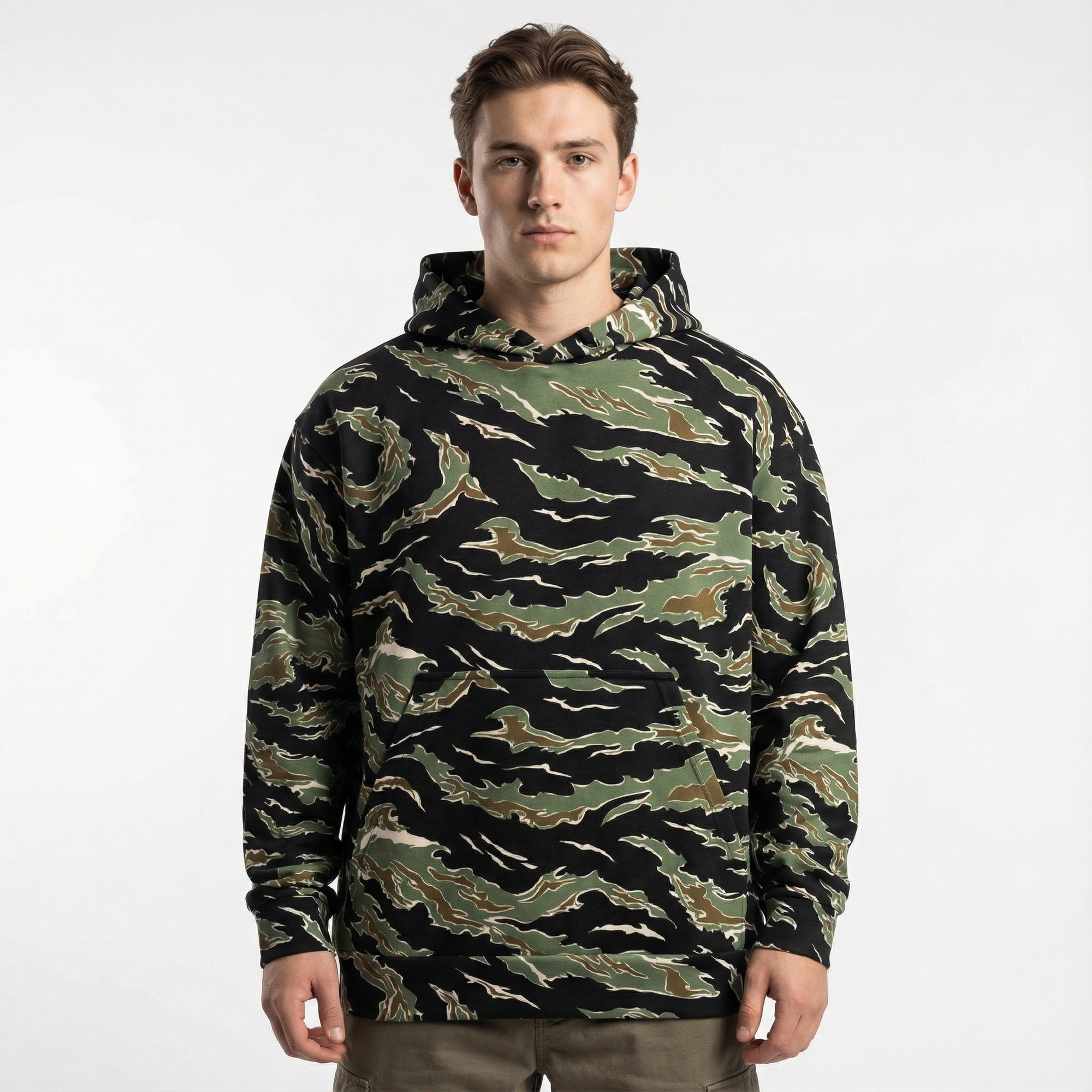 Man wearing a camouflage hoodie on a white background