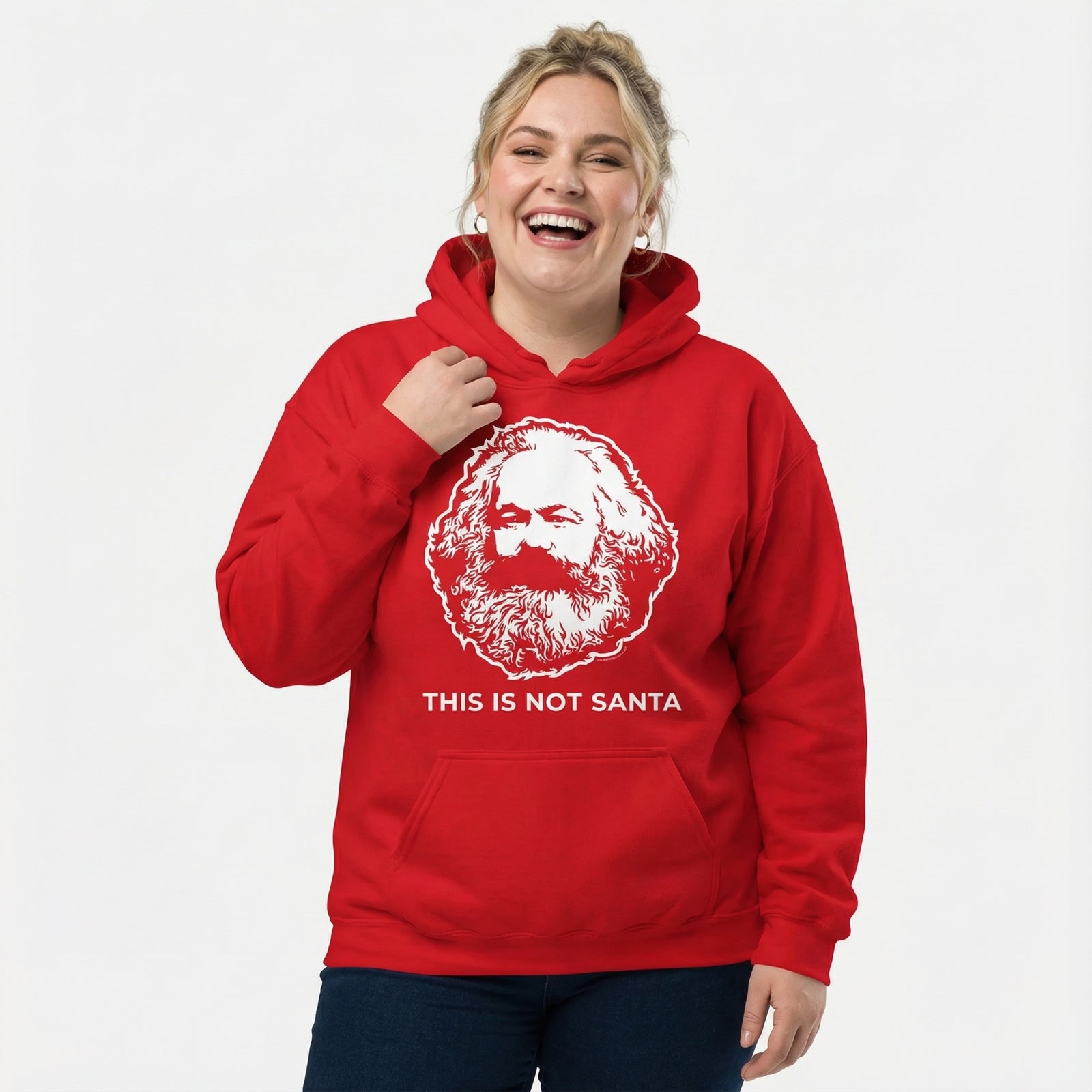 Person wearing a red hoodie with a printed design and text on a white background