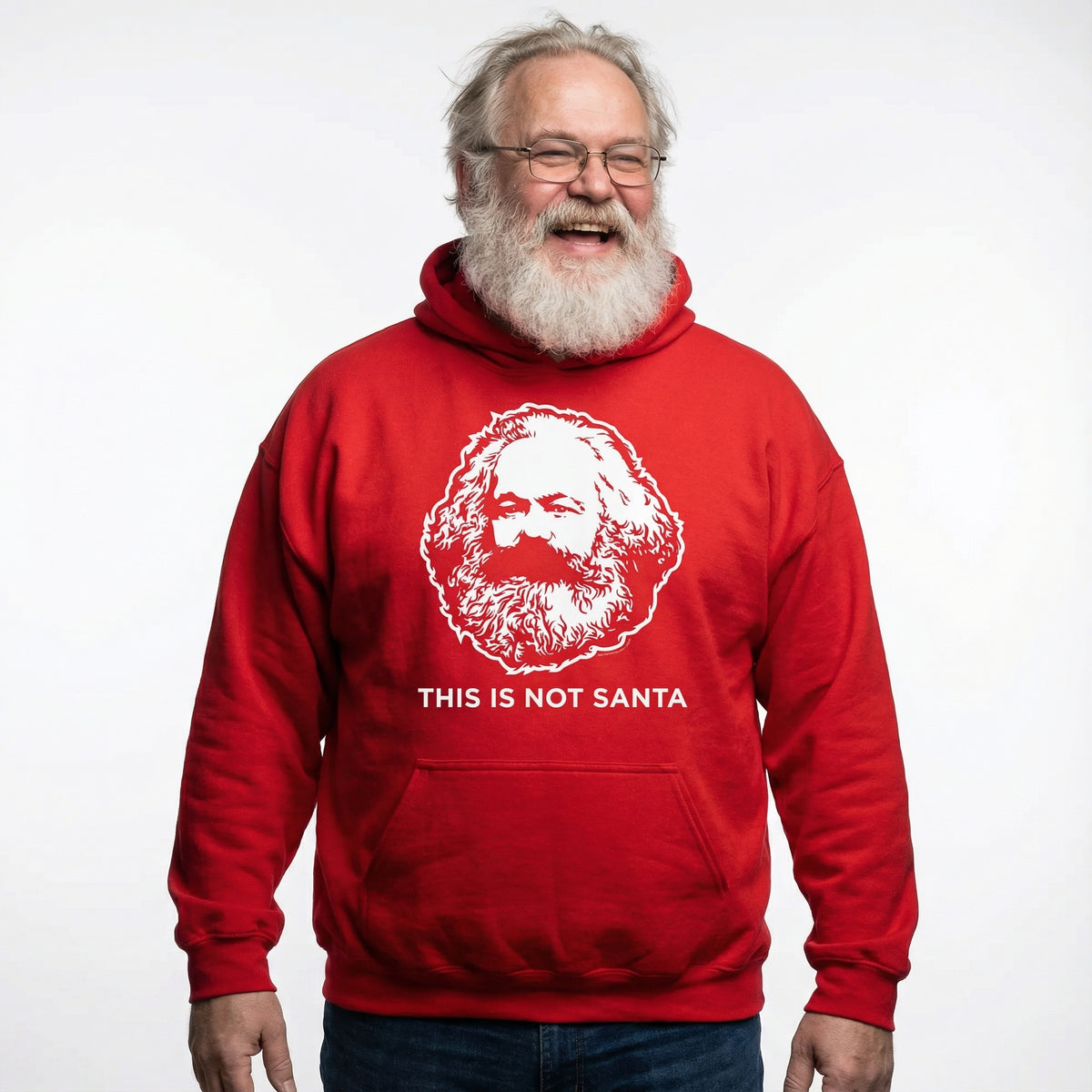 Man wearing a red hoodie with a white graphic and text on a white background