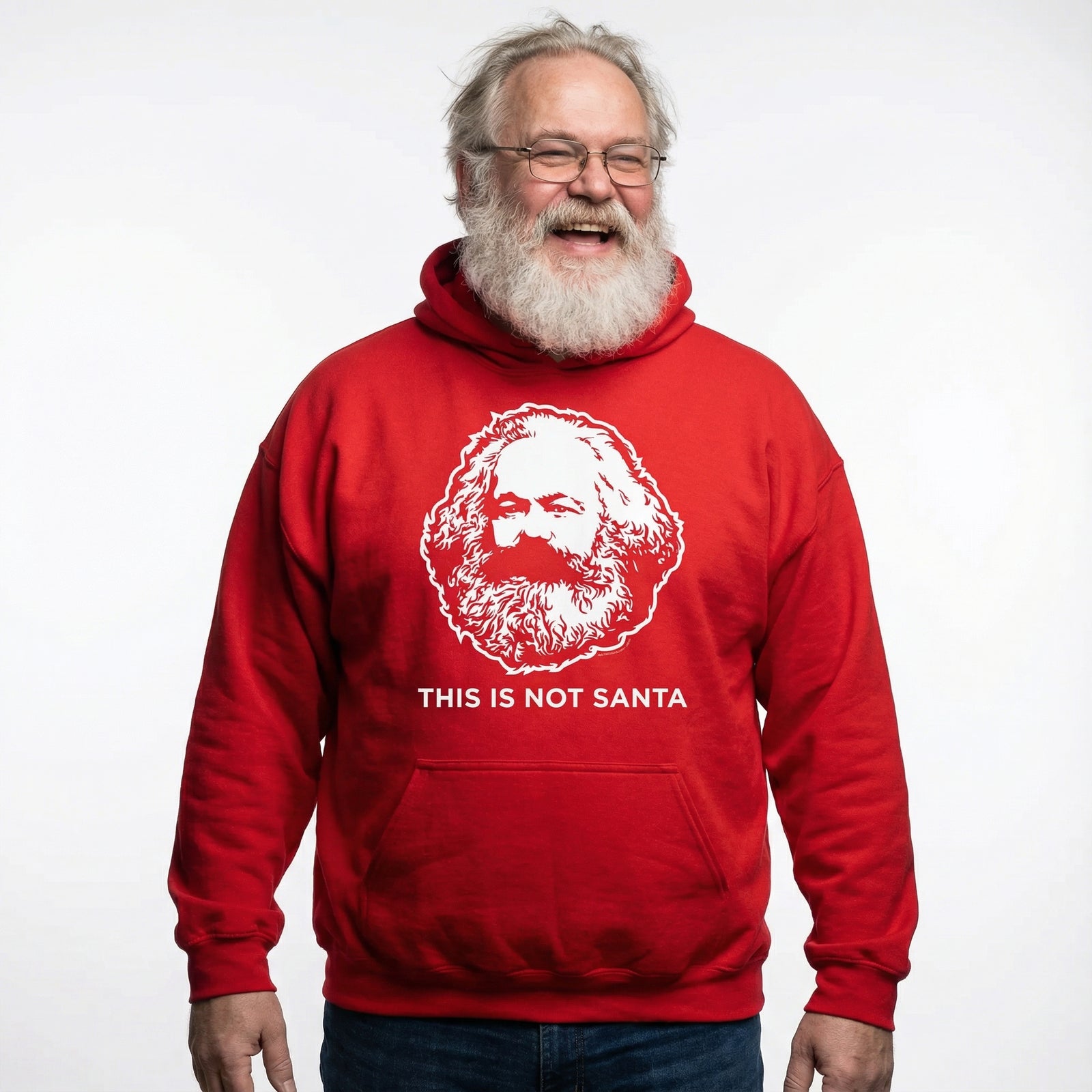 Man wearing a red hoodie with a white graphic and text on a white background