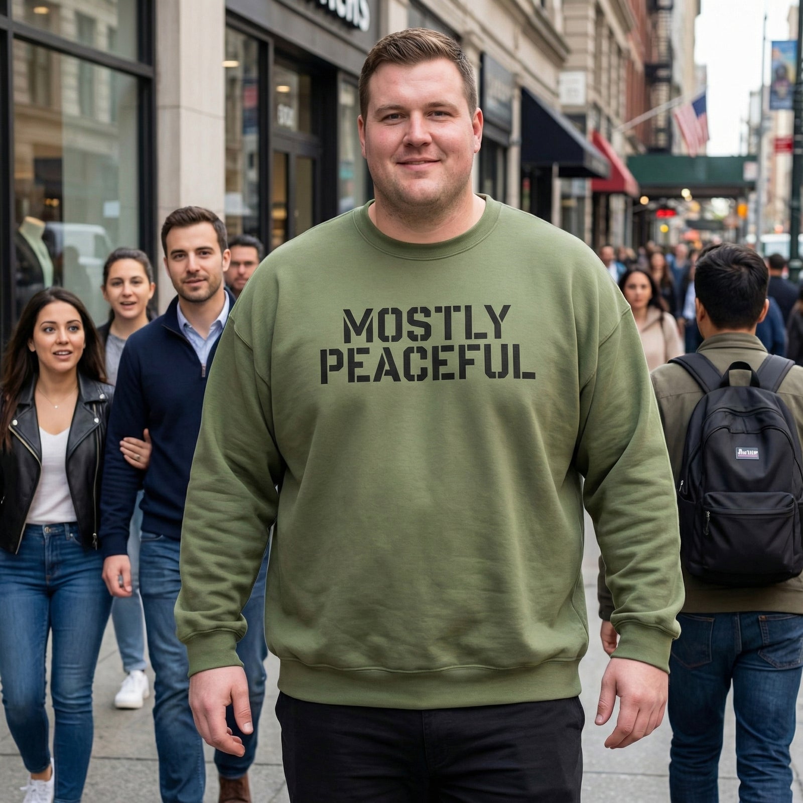 Man wearing a green sweatshirt with 'MOSTLY PEACEFUL' text on a city street.