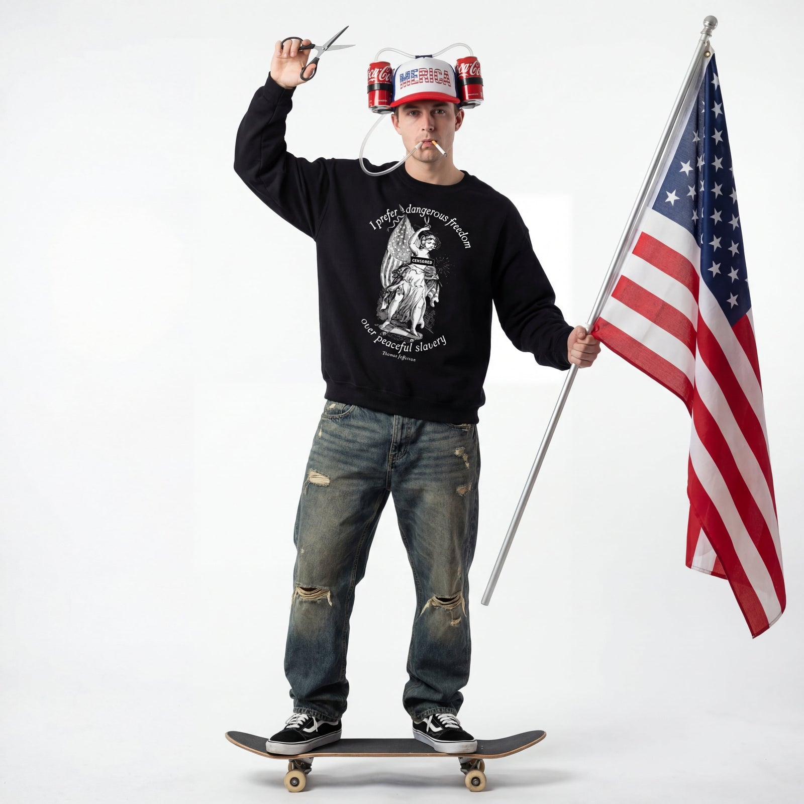 Person holding an American flag and a helmet with goggles, standing on a skateboard.