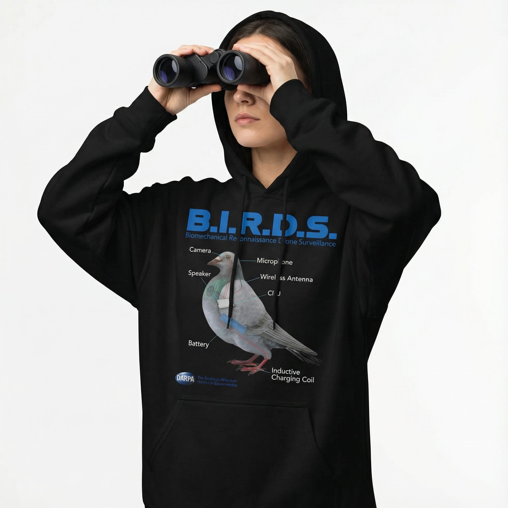 Person wearing a black hoodie with a pigeon diagram and 'B.I.R.D.S.' text, holding binoculars.