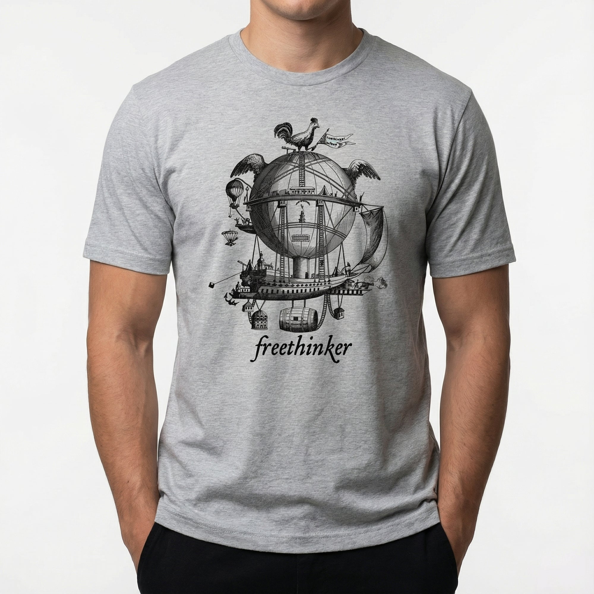 Gray t-shirt with a black graphic design and the word 'freethinker' on a white background