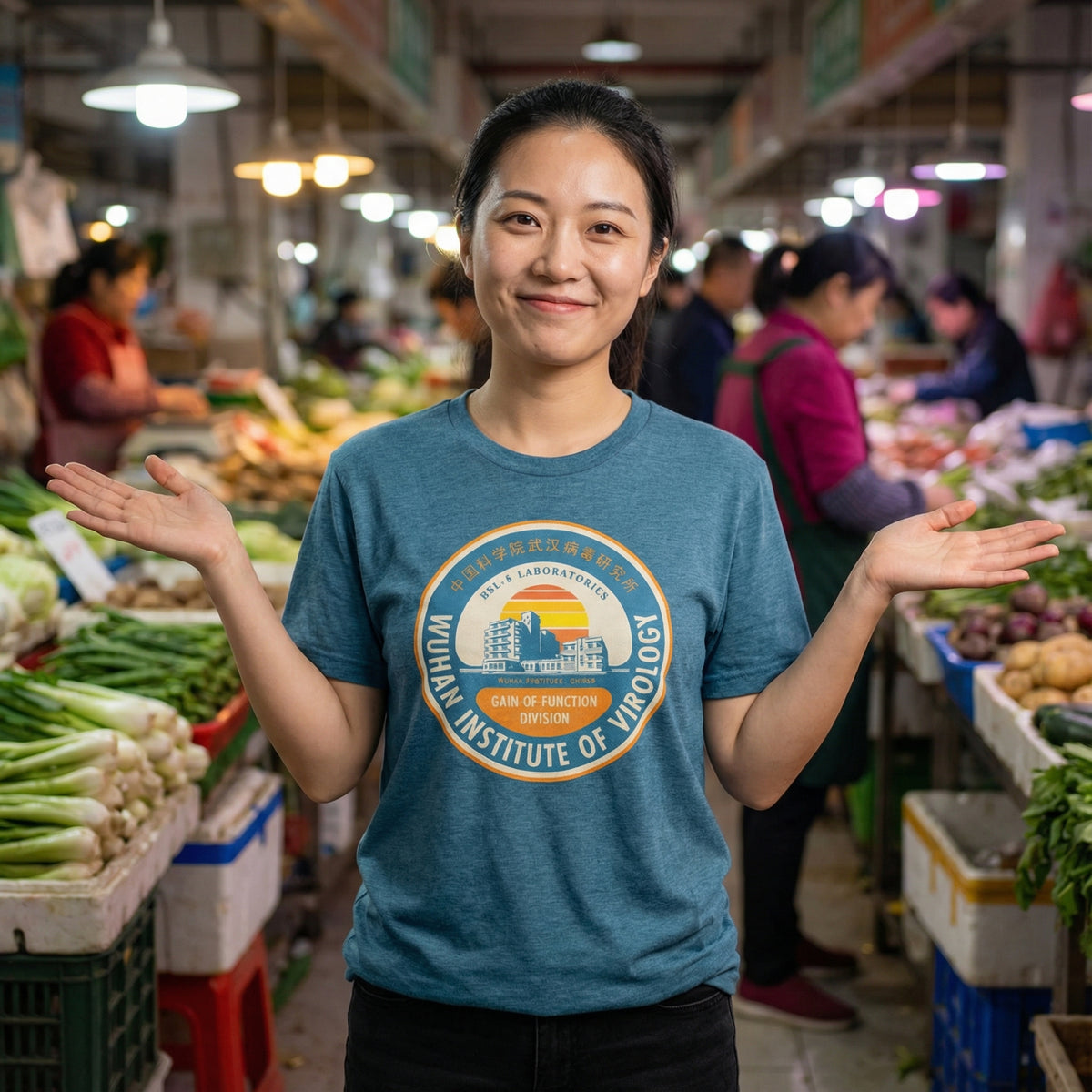 Woman wearing a blue Wuhan Institute of Virology t-shirt a wet market setting