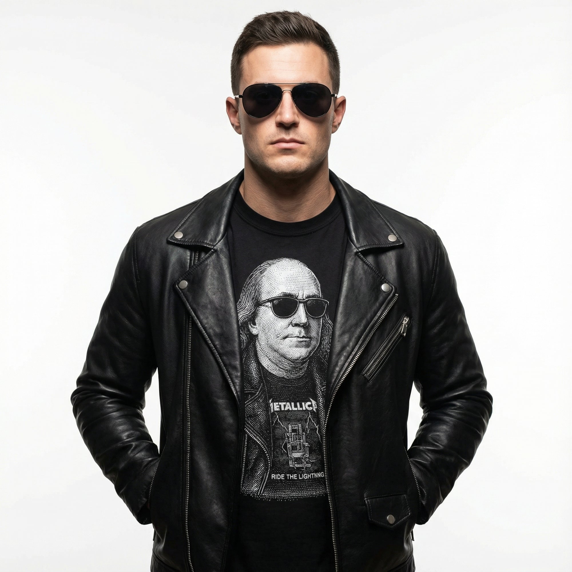 Ben Franklin Rebel Patriot black t-shirt by Liberty Maniacs laying flat