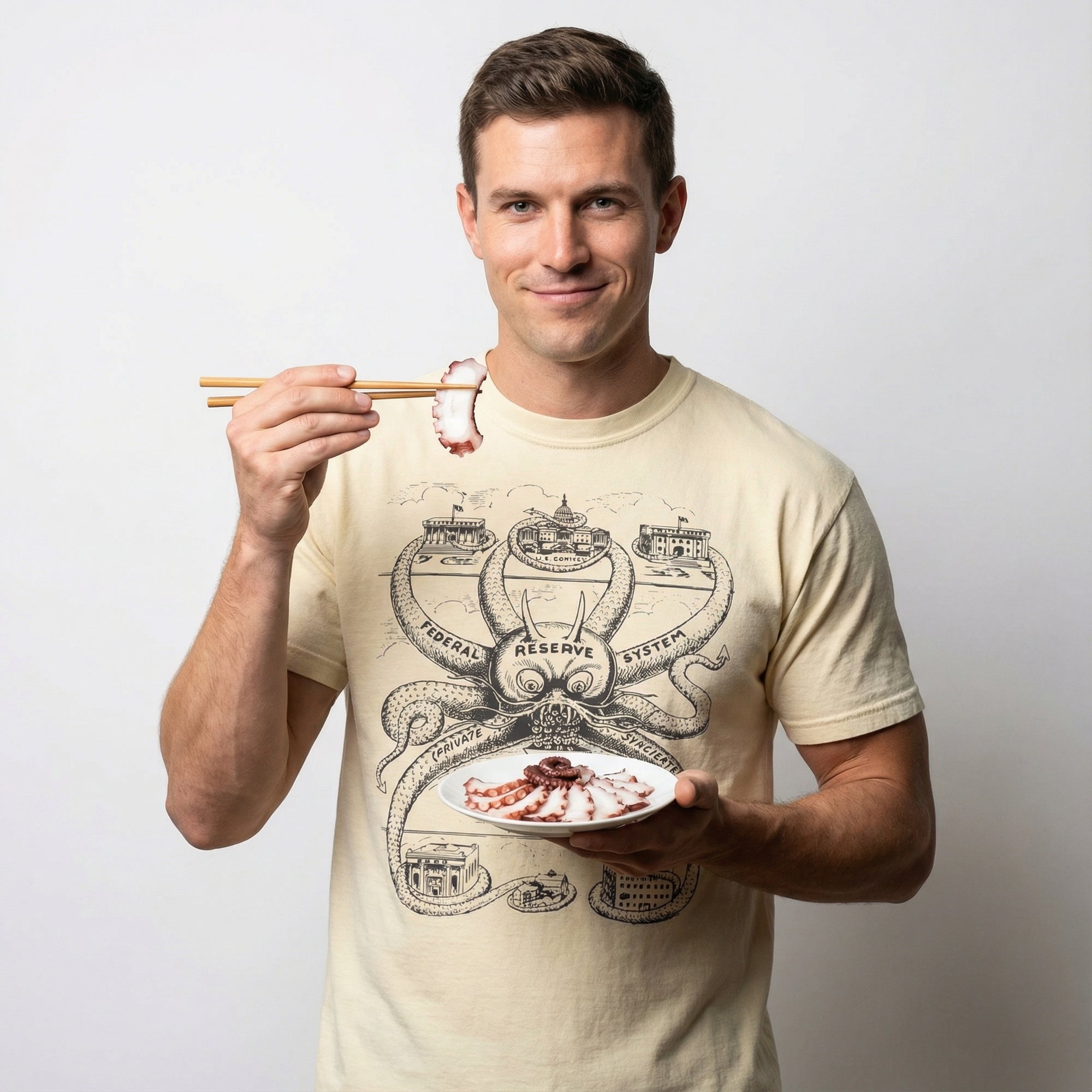 Man wearing a beige t-shirt with a graphic design, holding chopsticks and a plate of octopus.