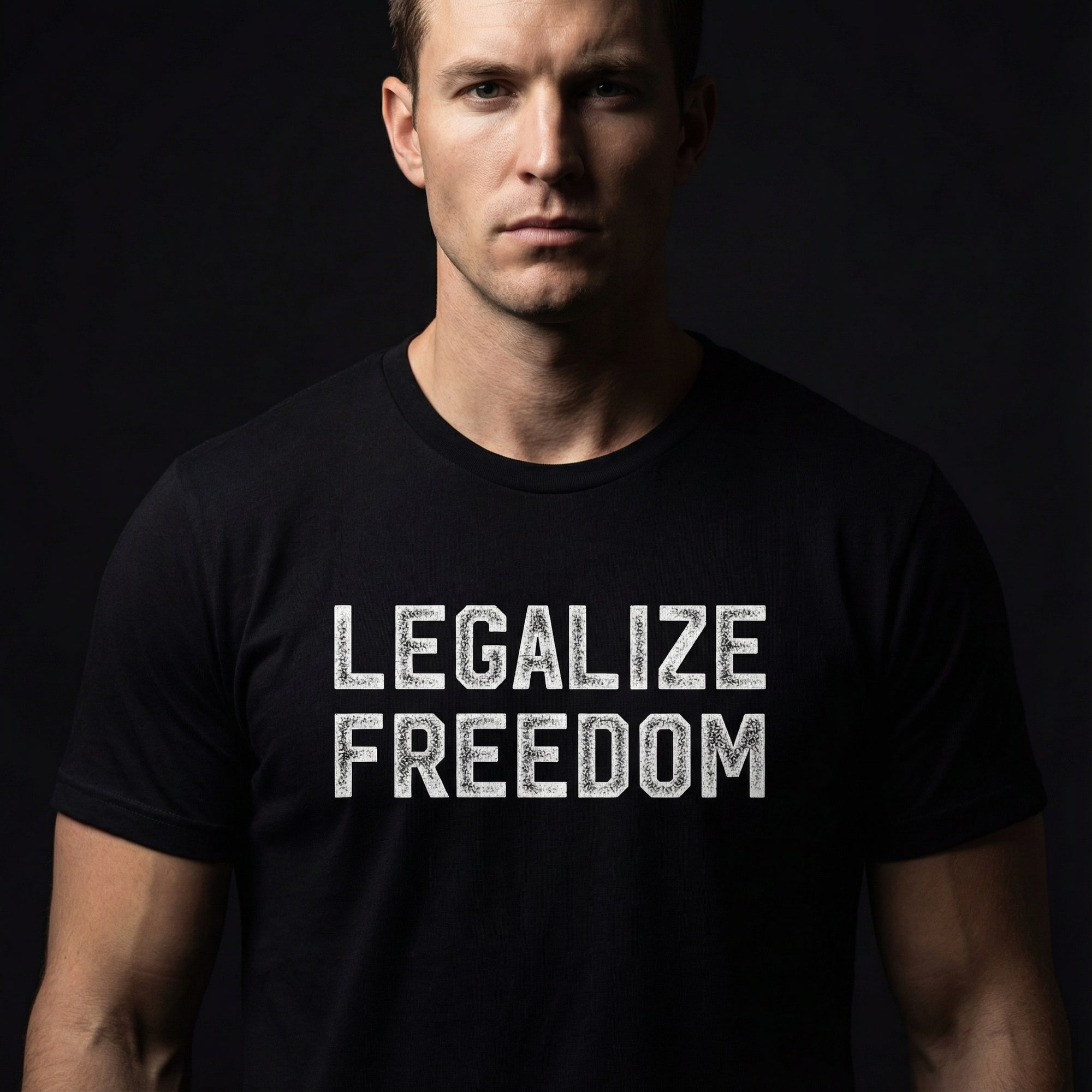 Man wearing a black t-shirt with 'LEGALIZE FREEDOM' text on a dark background