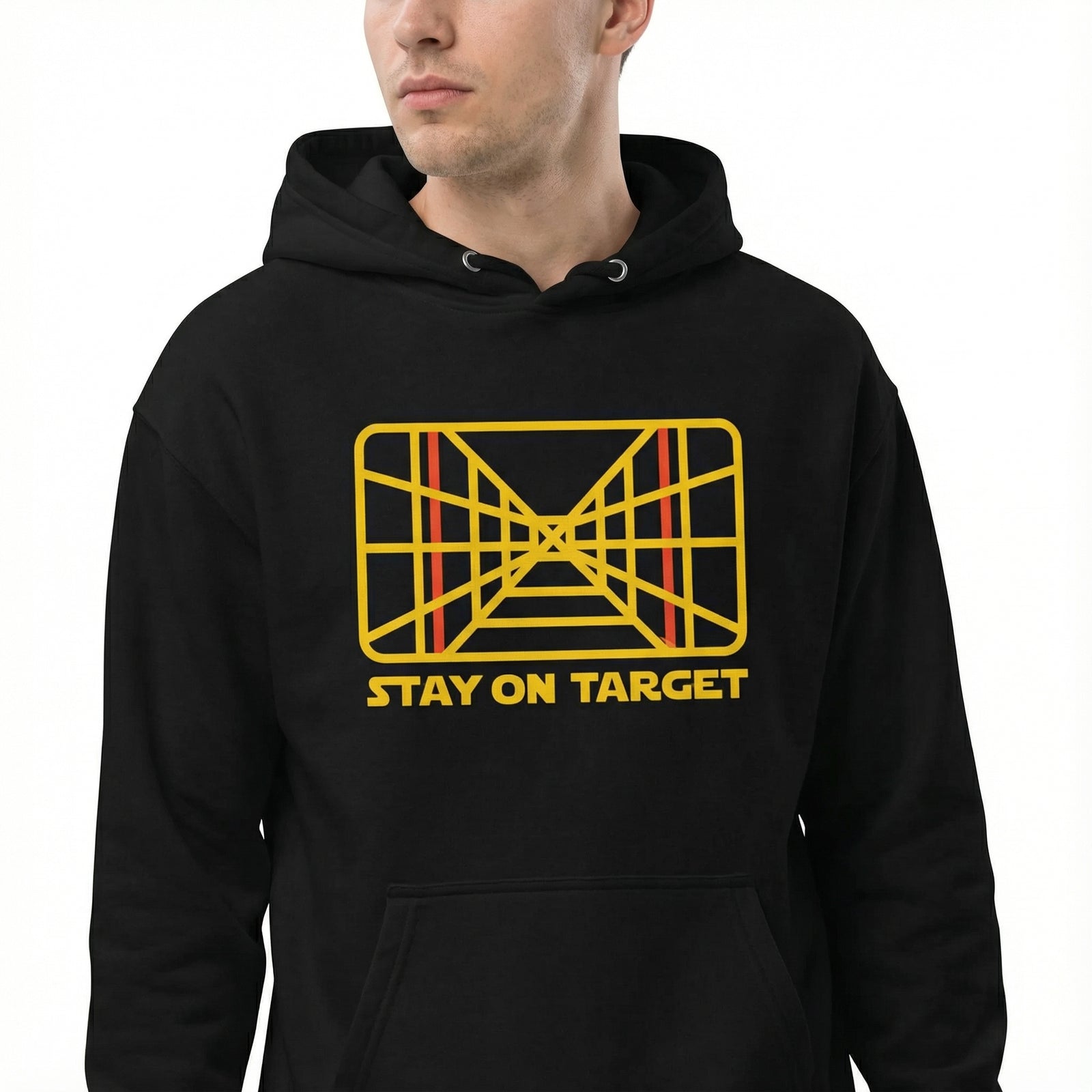 Black hoodie with yellow and red graphic design and 'Stay on Target' text on a white background