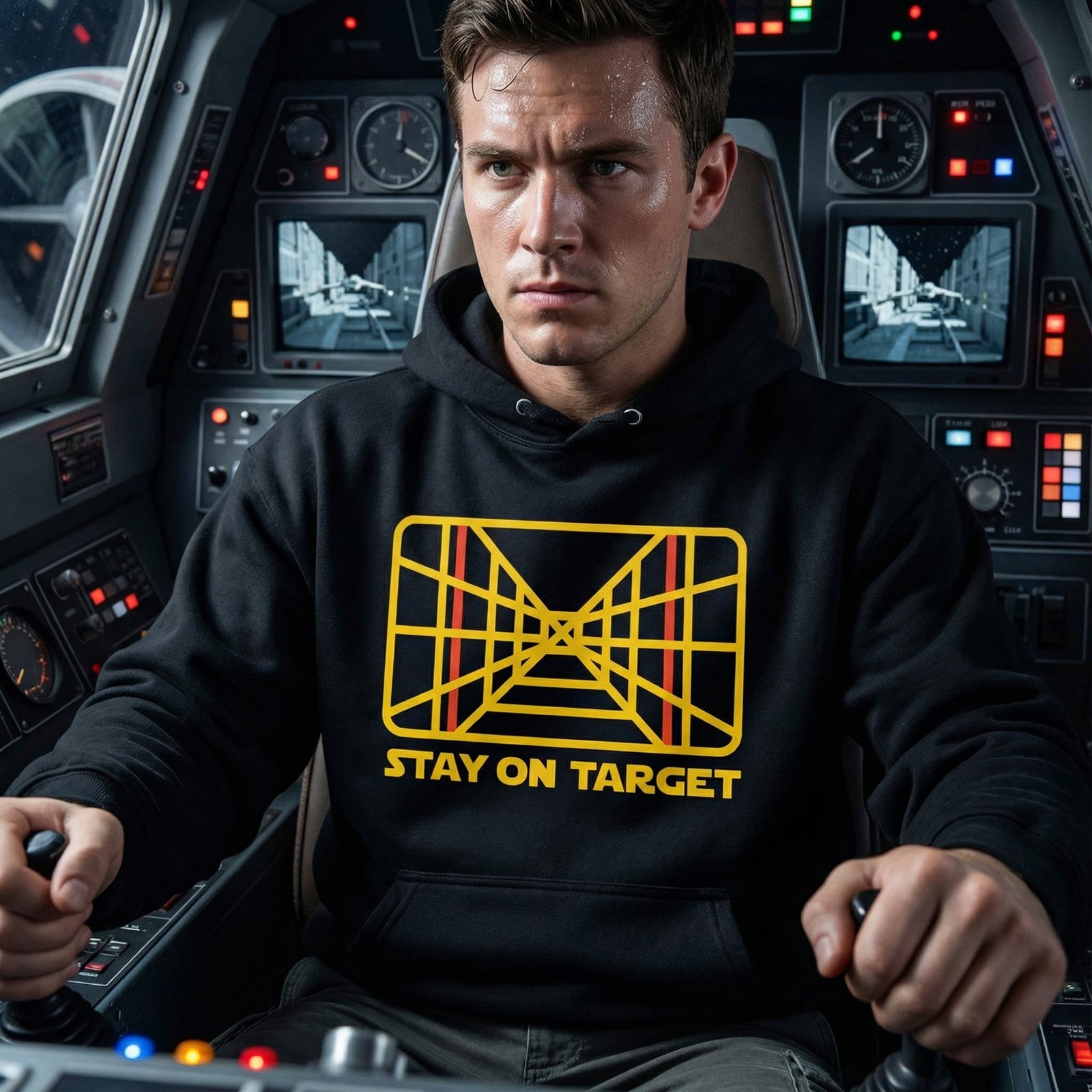 Person wearing a black hoodie with a yellow graphic and text, sitting in a cockpit.