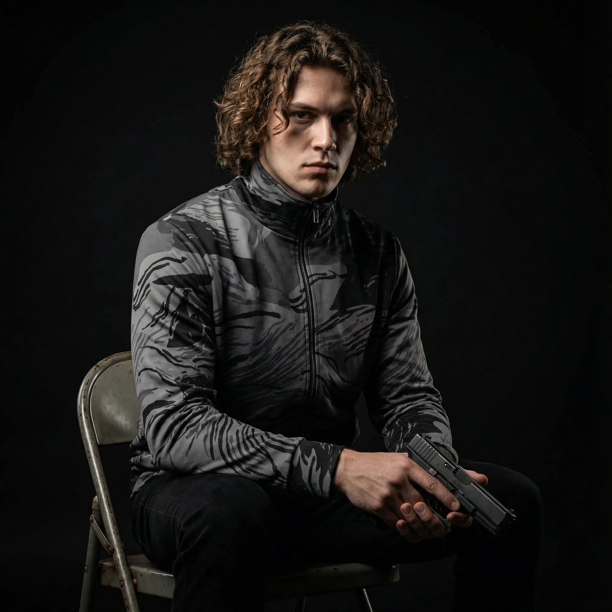 Person sitting on a chair holding a gun against a black background