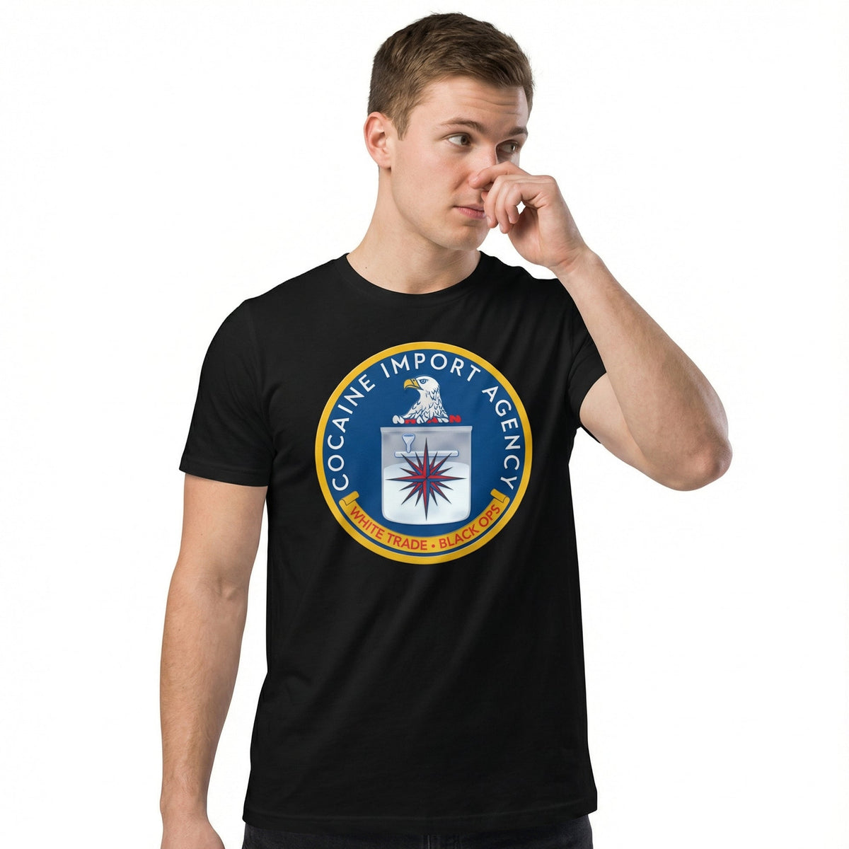 Person wearing a black t-shirt with a 'Cocaine Import Agency' logo on a white background