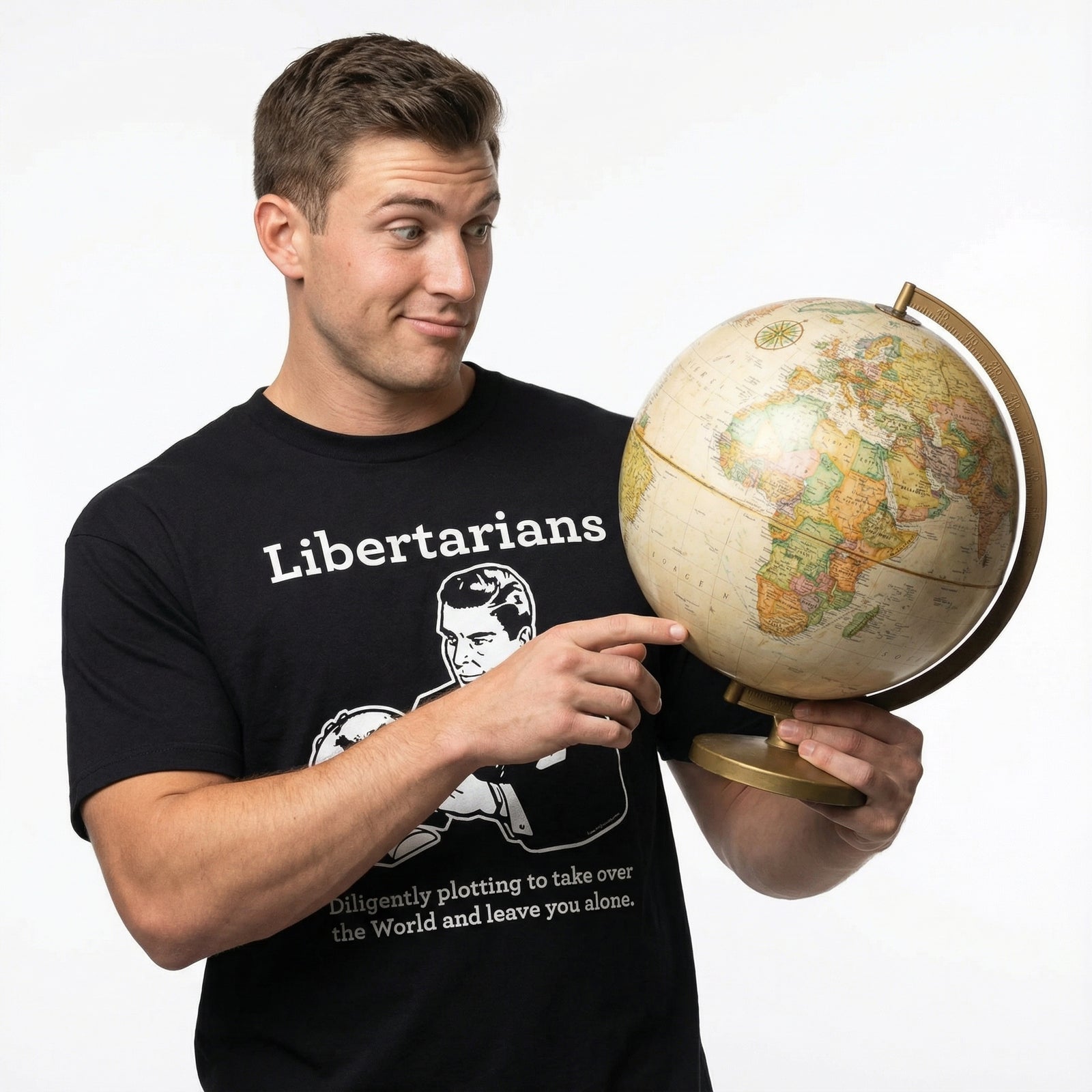 Black t-shirt with a graphic of a man holding a globe and text on a white background