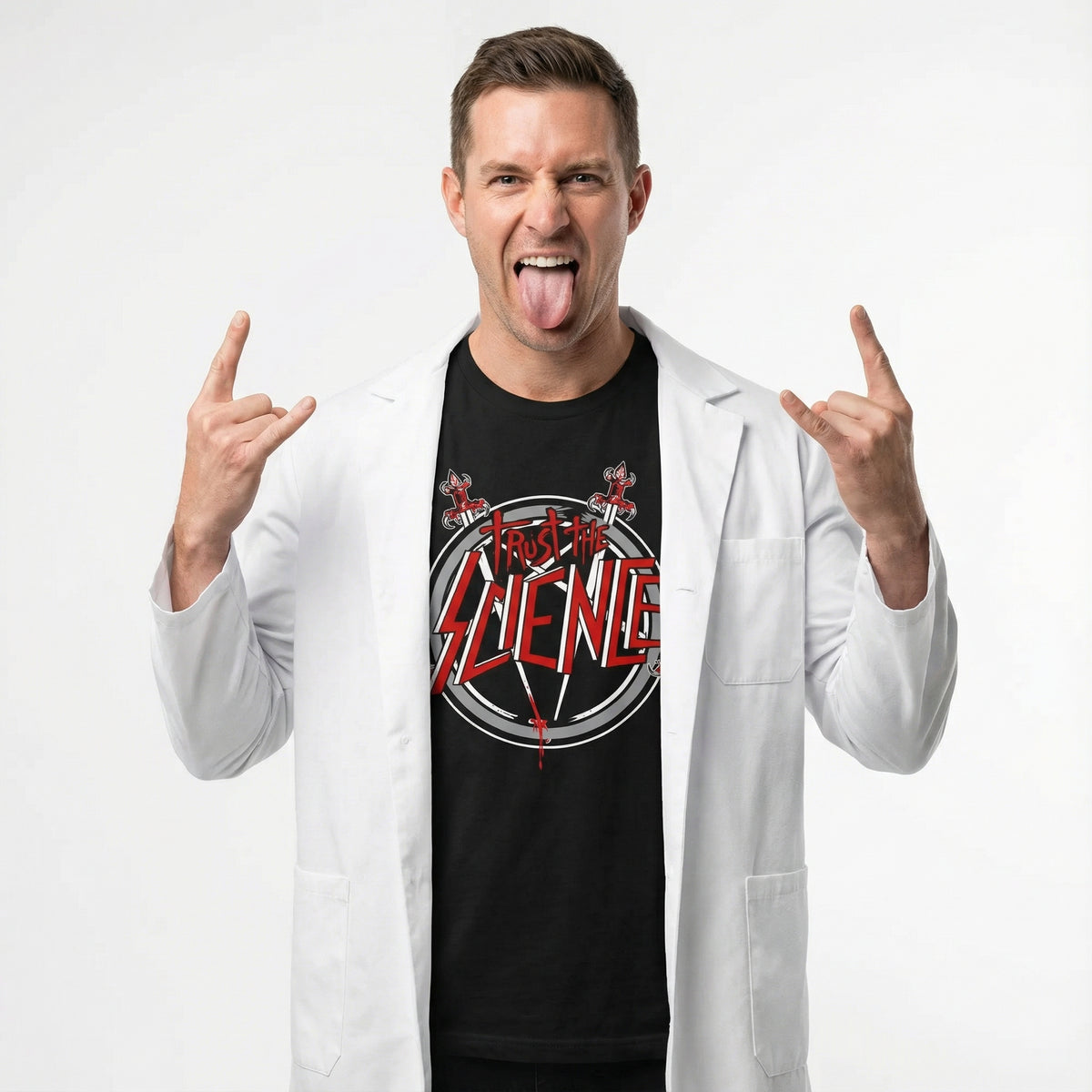 Person wearing a black t-shirt with a graphic design and a white lab coat, making hand gestures.