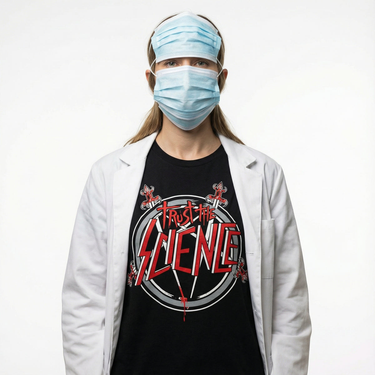 Person wearing a black t-shirt with 'Trust the Science' graphic, white lab coat, and blue face masks on a white background.