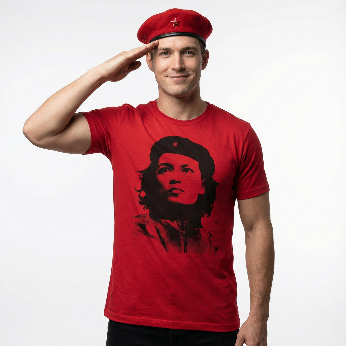 Person wearing a red t-shirt with a graphic design, saluting with a white background
