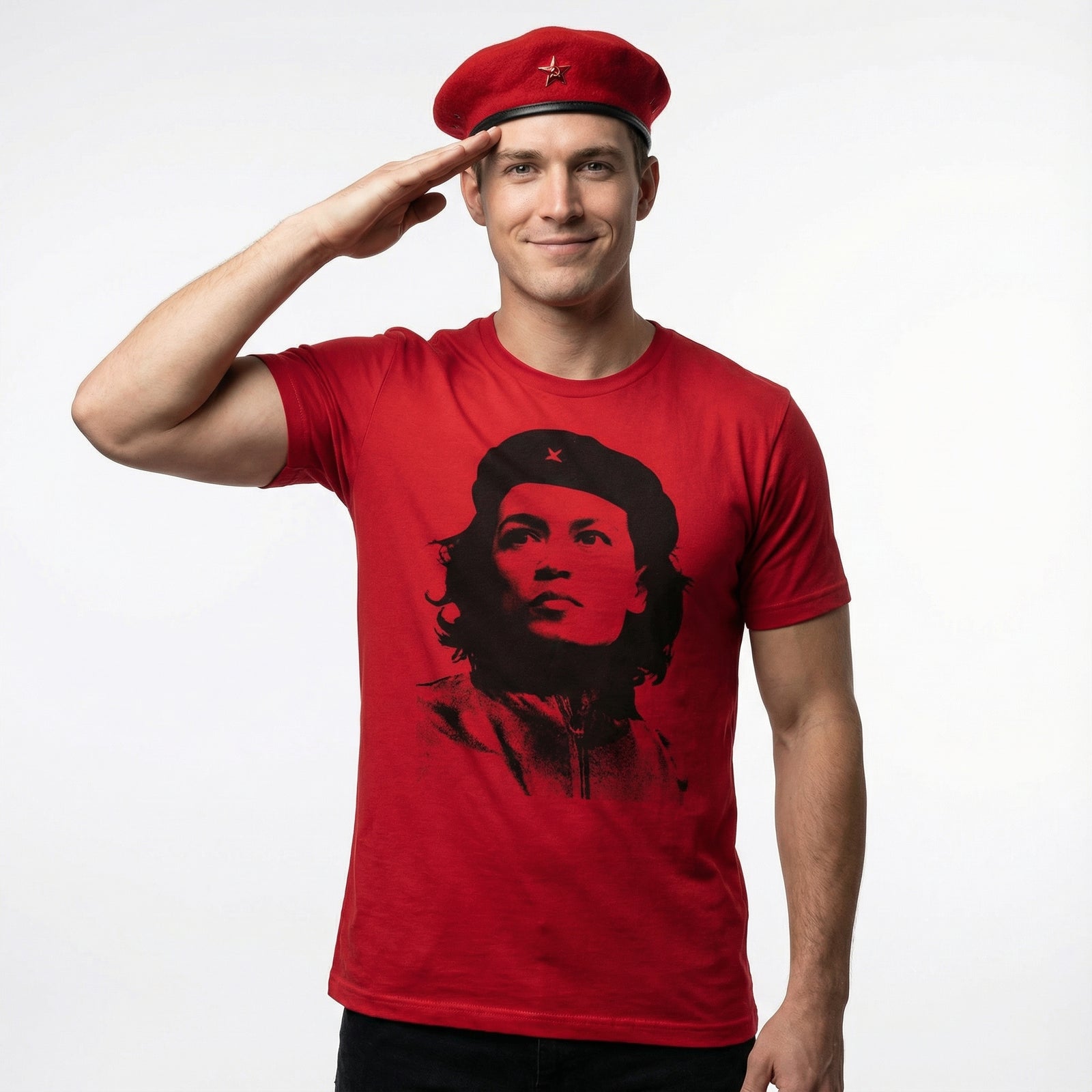 Person wearing a red t-shirt with a graphic design, saluting with a white background