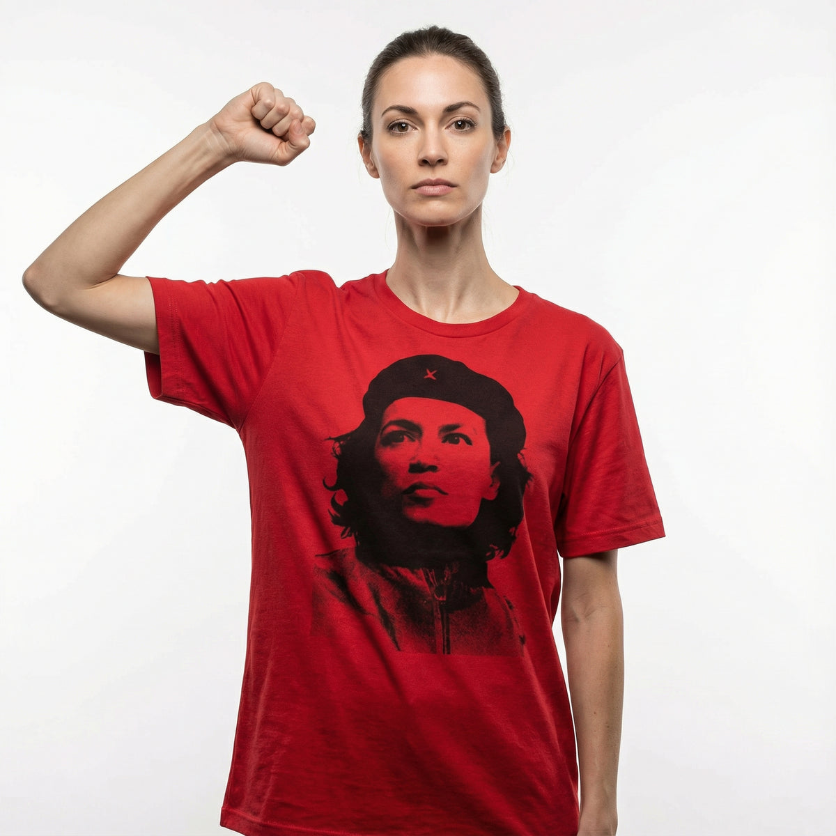 Person wearing a red t-shirt with a graphic design on a white background