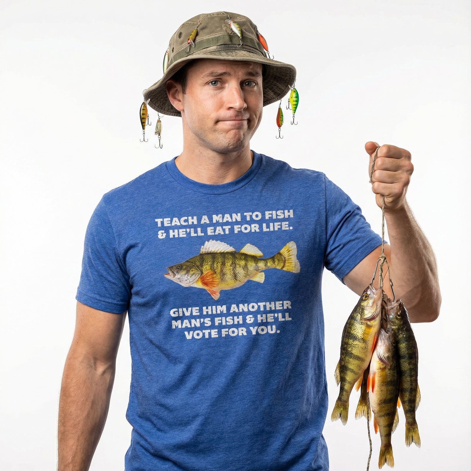 Teach A Man To Fish Heather Blue T-shirt by LibertyManiacs.com