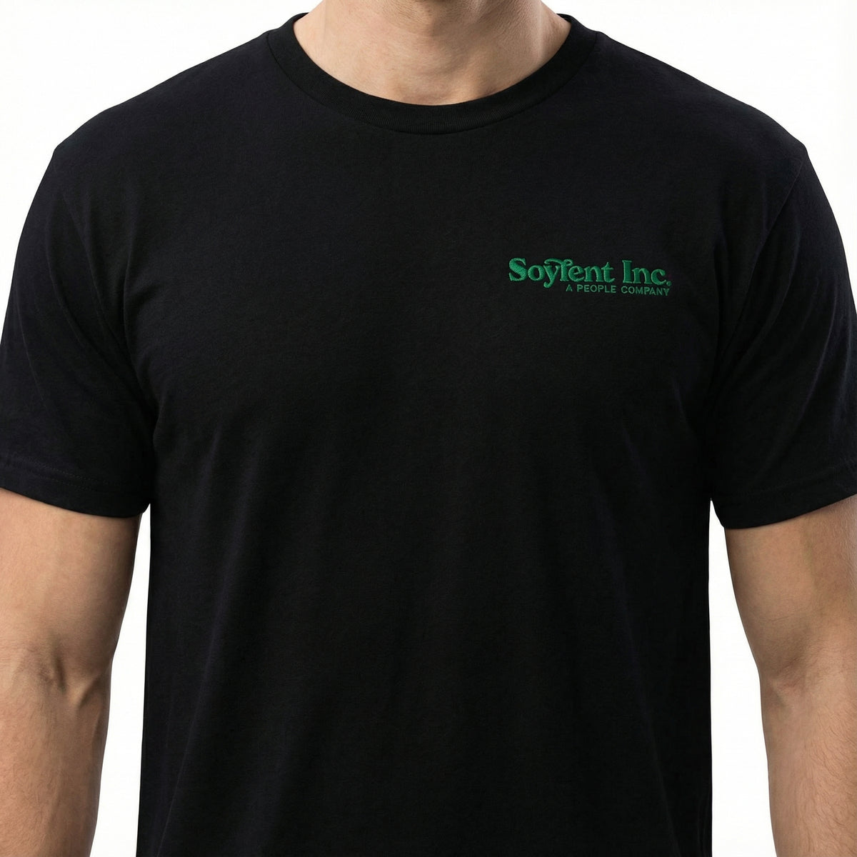 Black t-shirt with a green logo on a white background