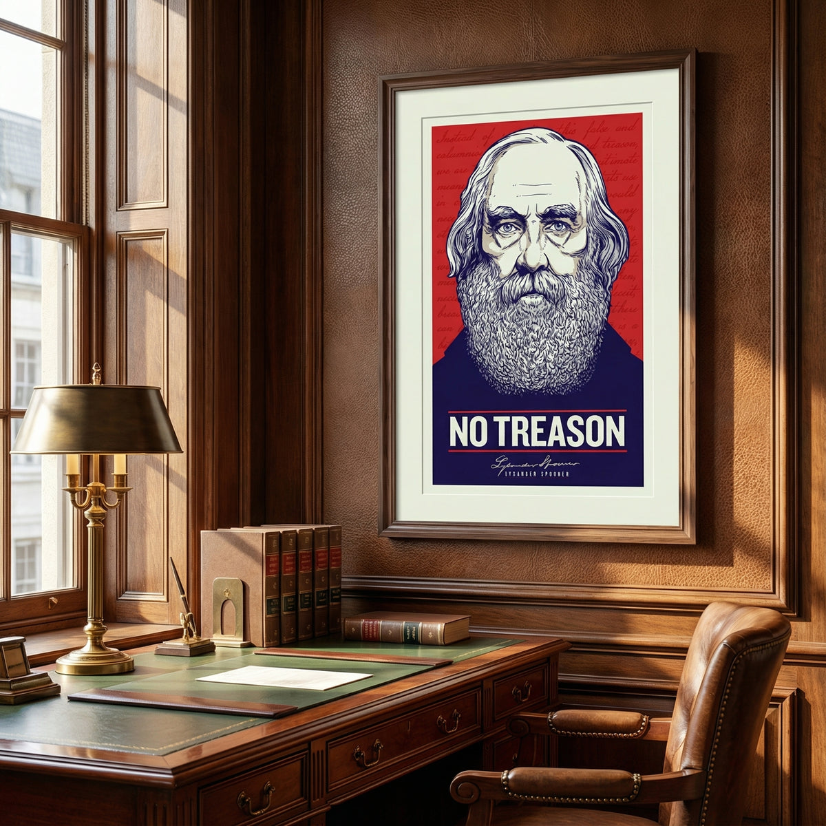 Framed poster with a portrait and 'No Treason' text on a wall above a desk.