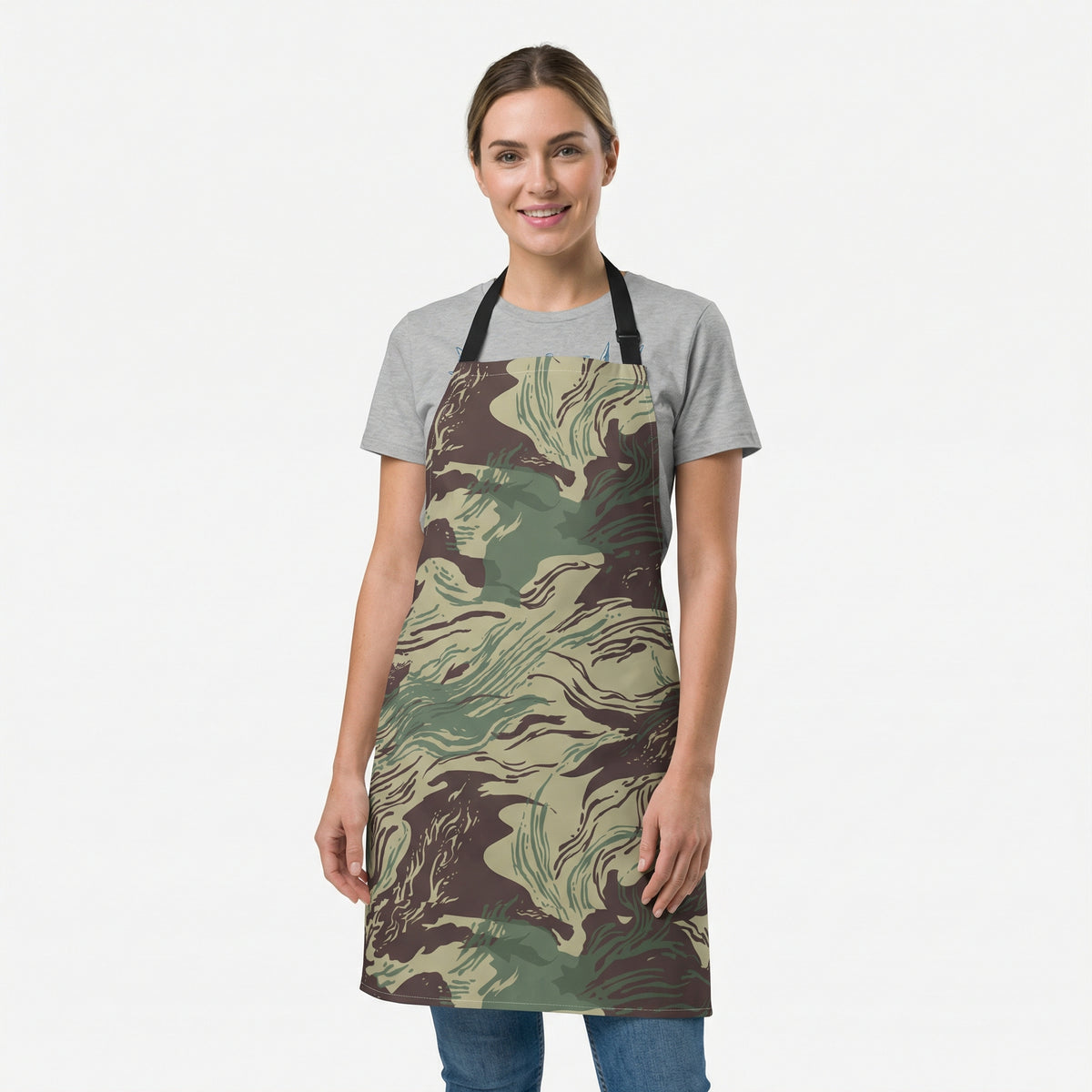 Person wearing a camouflage apron on a white background