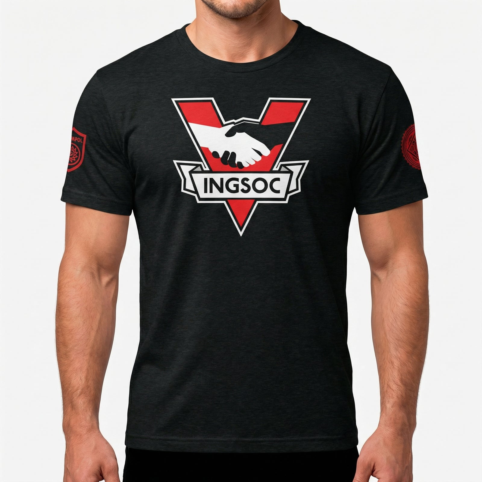 Black t-shirt with a red and white logo featuring a handshake and 'INGSOC' text on a plain background.