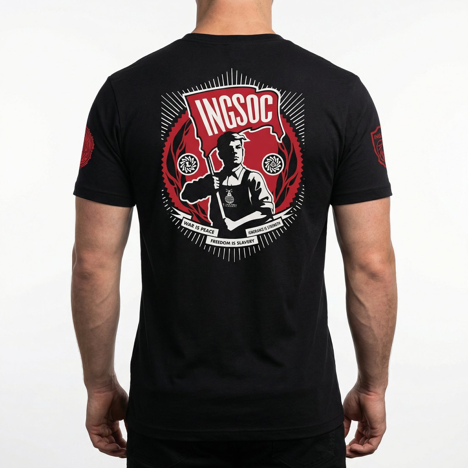 Black t-shirt with a red and white logo featuring a handshake and 'INGSOC' text on a plain background.