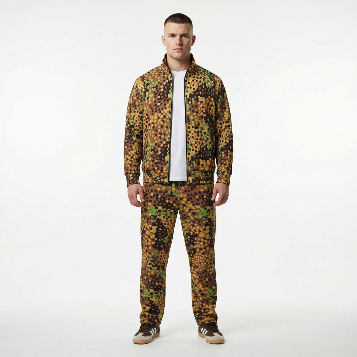 Man wearing a camouflage outfit on a white background
