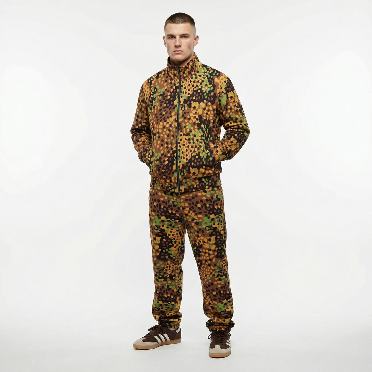 Person wearing a camouflage jumpsuit on a white background