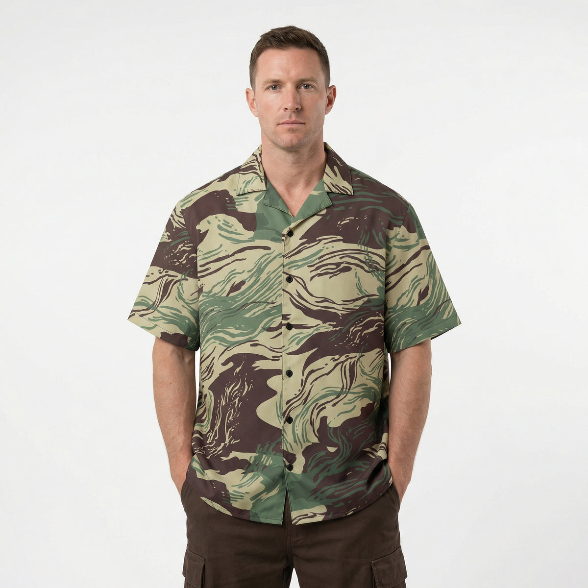 Man wearing a camouflage shirt on a white background