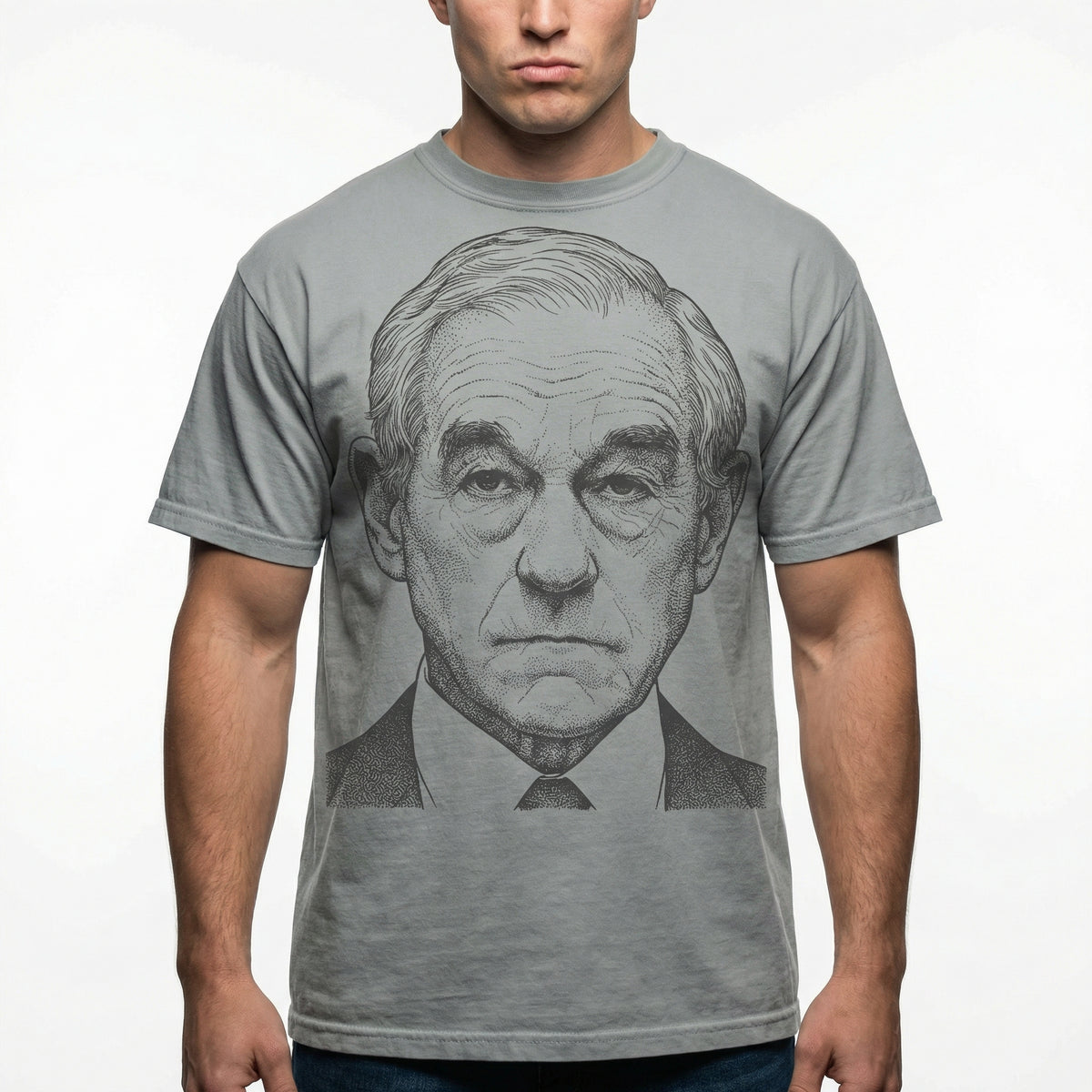 Gray t-shirt  a portrait of a disappointed Ron Paul 