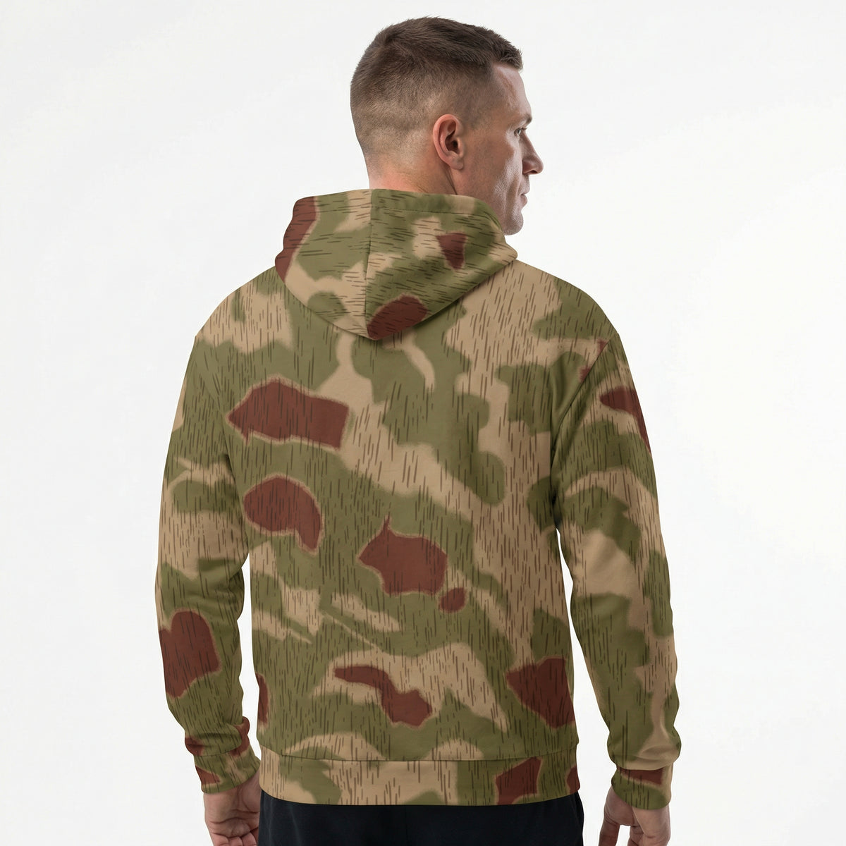 Man wearing a camouflage hoodie on a white background