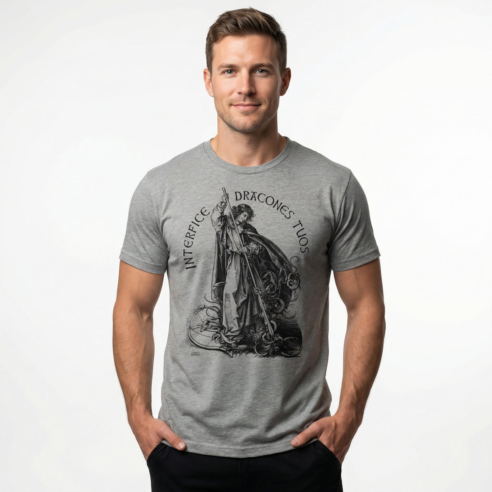 Gray t-shirt with black graphic design and text on a white background