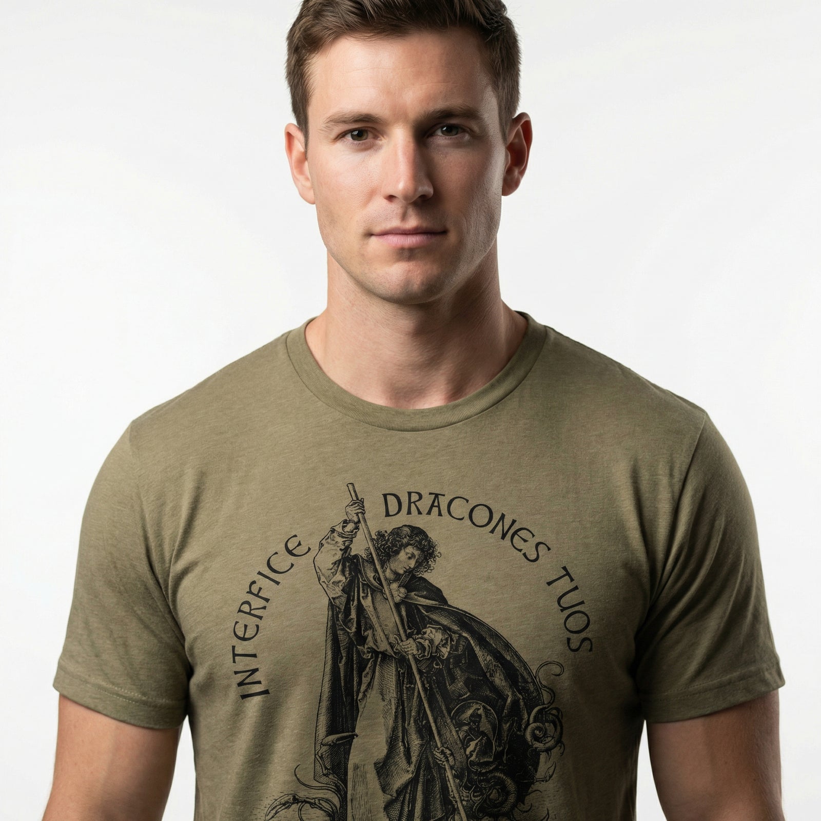 Man wearing a green t-shirt with a graphic design on a white background