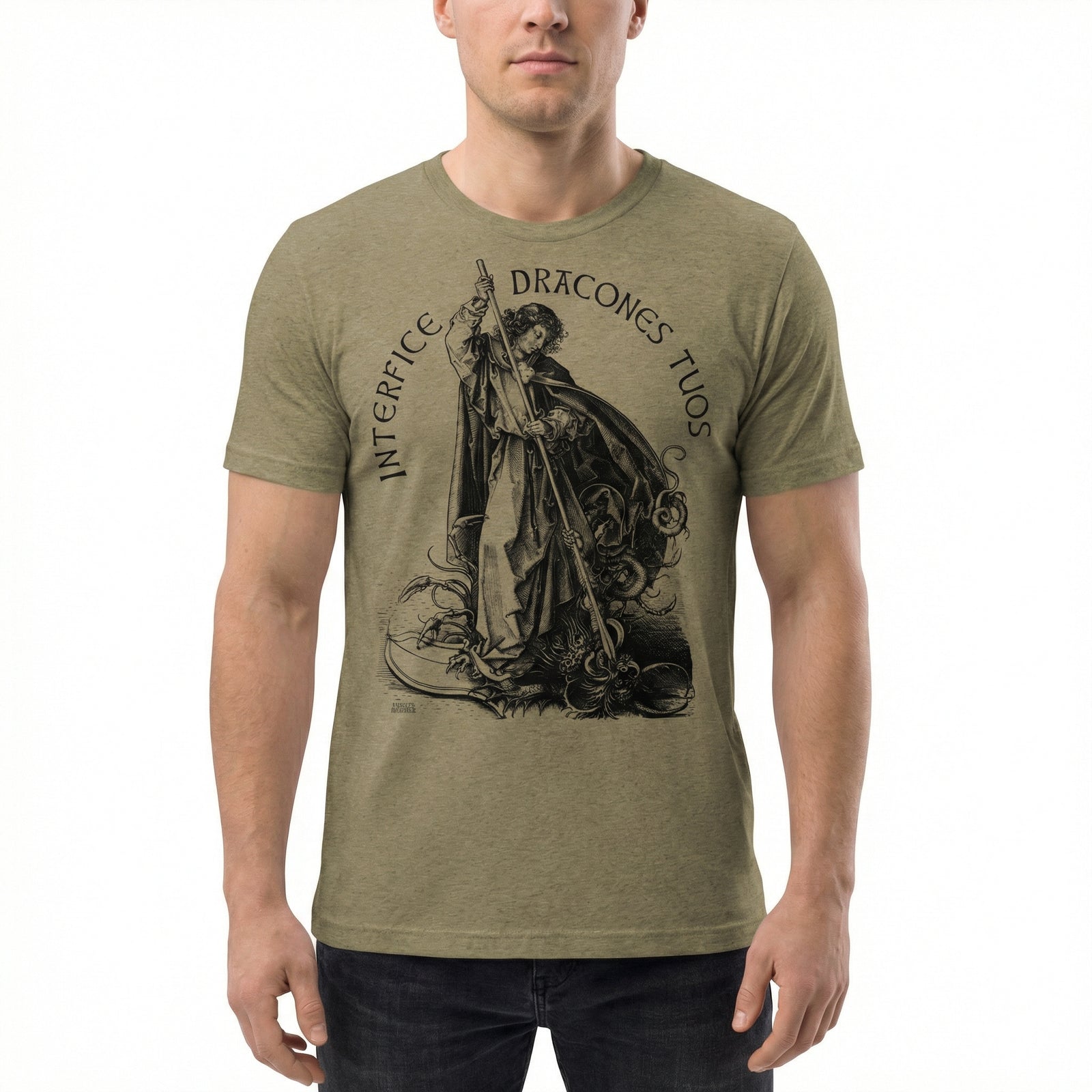 Person wearing a green t-shirt with a graphic design on a white background