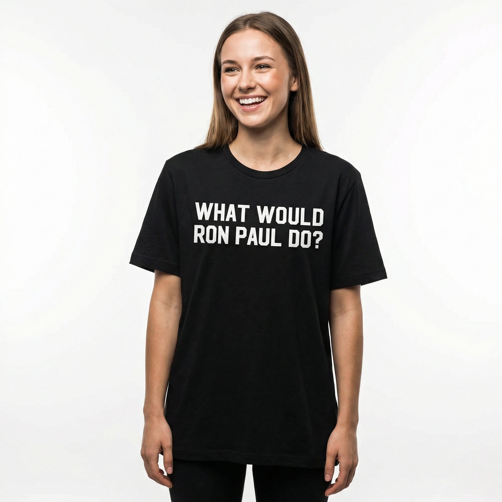 Woman wearing a black t-shirt with 'What Would Ron Paul Do?' text on a white background