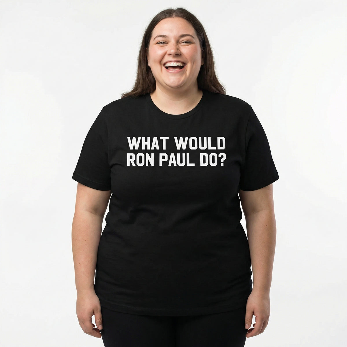Person wearing a black t-shirt with 'What Would Ron Paul Do?' text on a white background