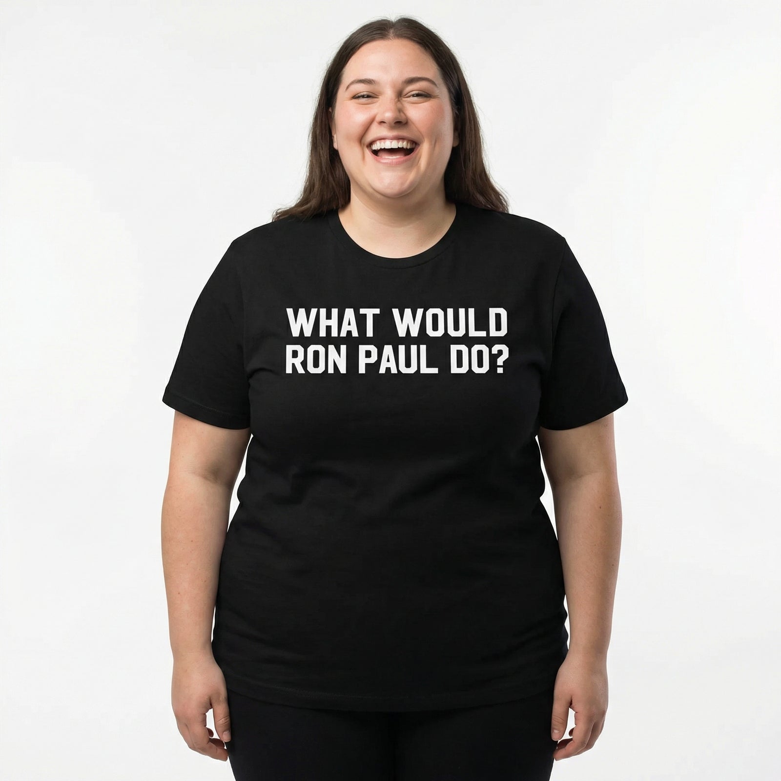 Person wearing a black t-shirt with 'What Would Ron Paul Do?' text on a white background