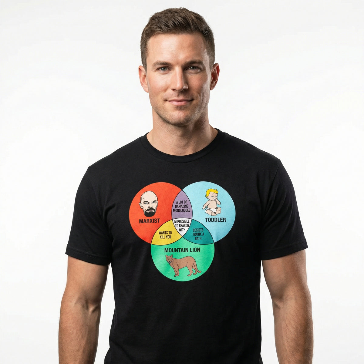 Man wearing a black t-shirt with a colorful diagram design on a white background