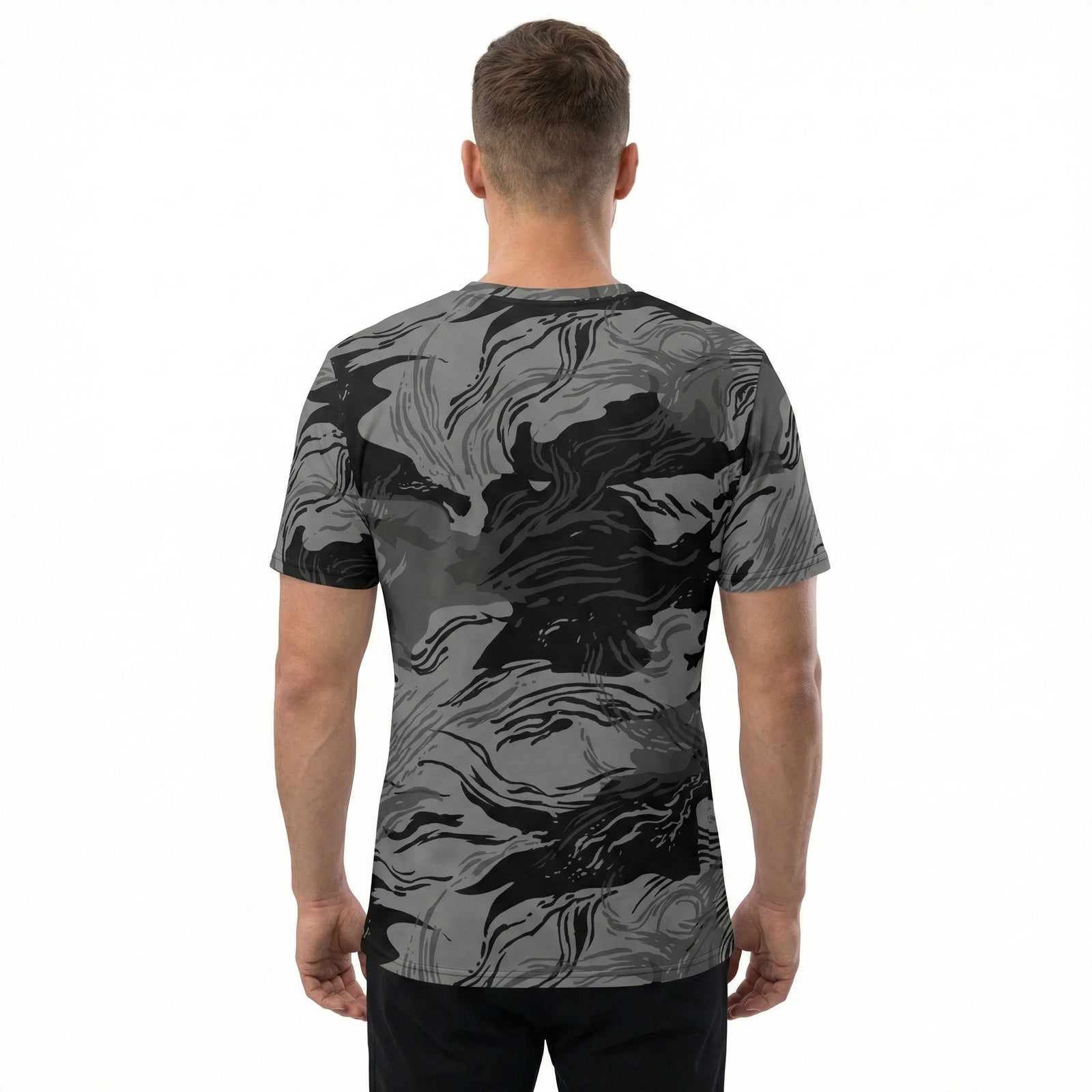 Man wearing a black and gray Rhodesian Brushstroke Night Men’s Cotton Crew Neck T-shirt