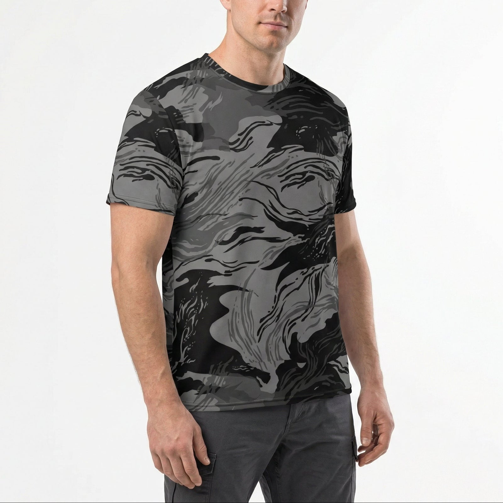 Man wearing a black and gray camouflage Rhodesian Brushstroke Night Men’s Cotton Crew Neck T-shirt 
