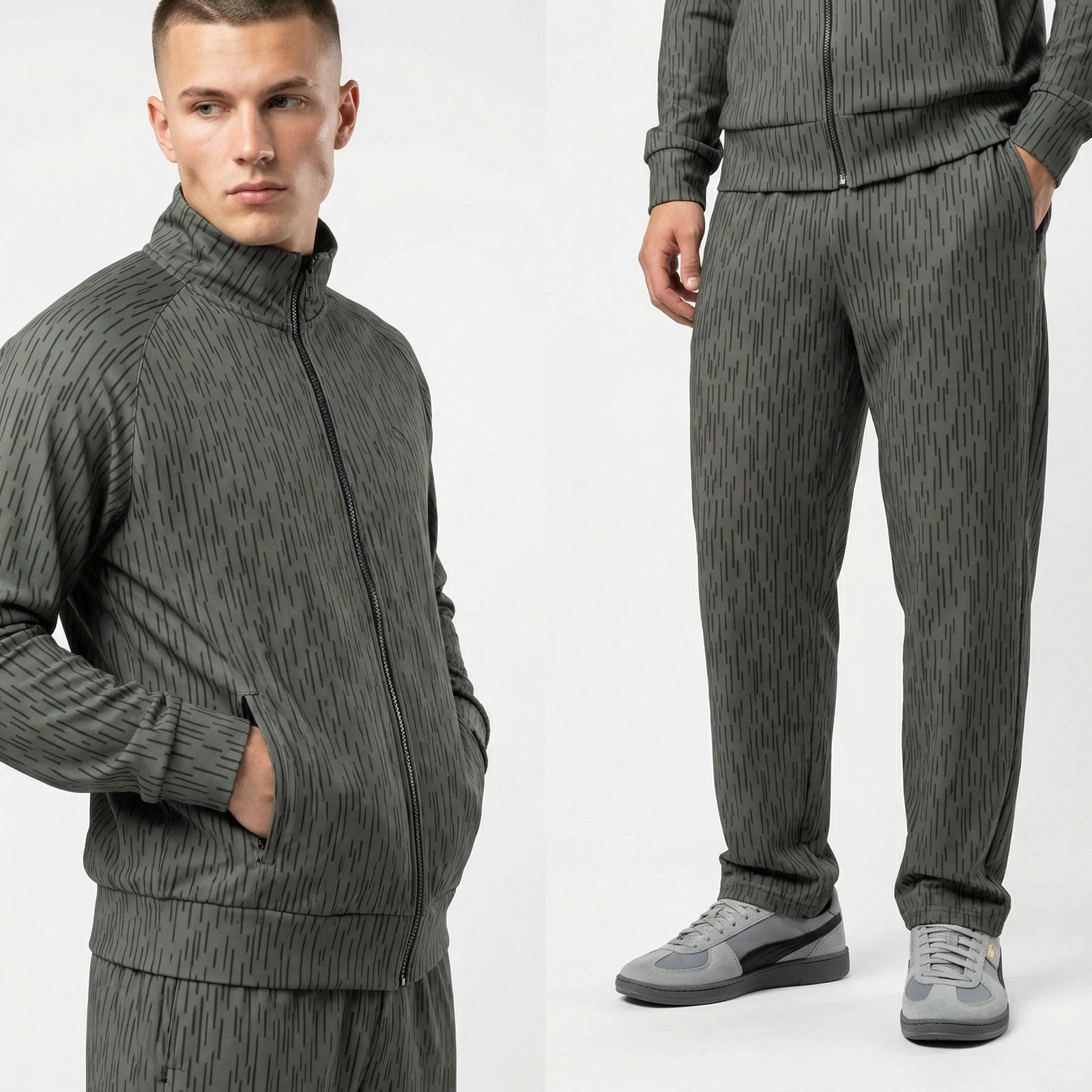 Man wearing a Strichtarn Raindrop Camo Track suit with wide leg jogger bottoms on a white background