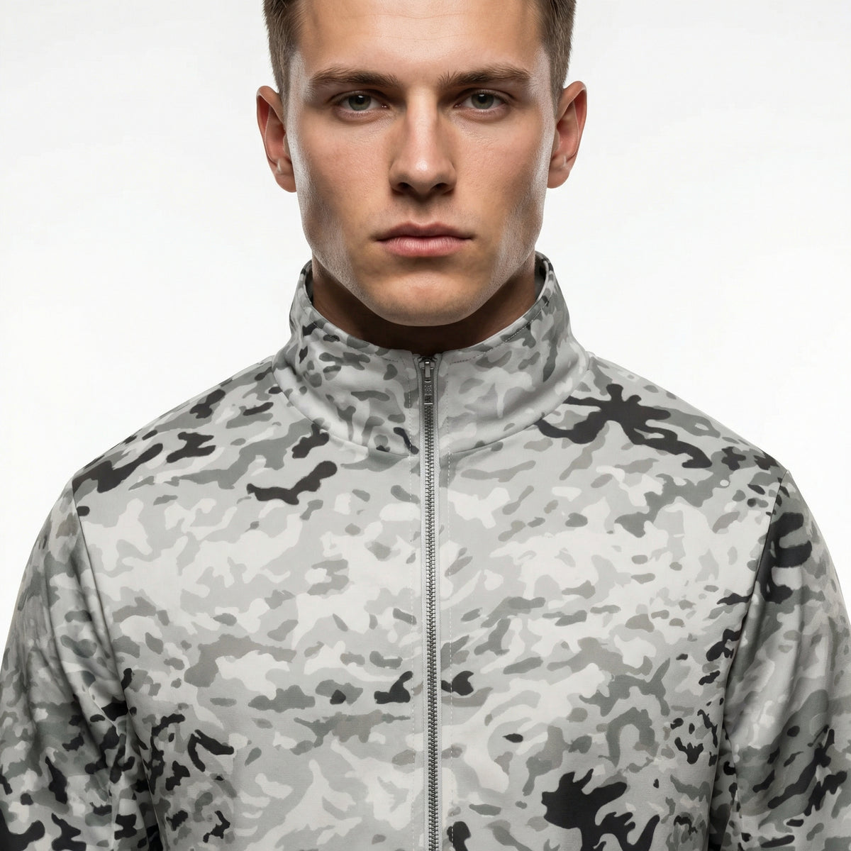 Man wearing a camouflage jacket on a plain background