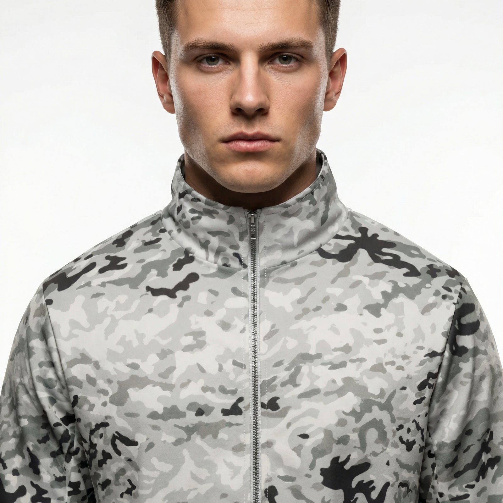 Man wearing a camouflage jacket on a plain background