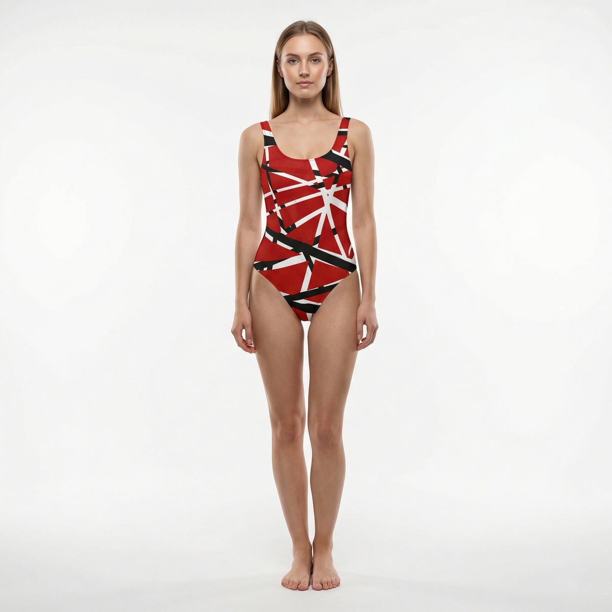 Woman wearing a red, black, and white patterned Frankenstripe One-Piece Swimsuit on a white background