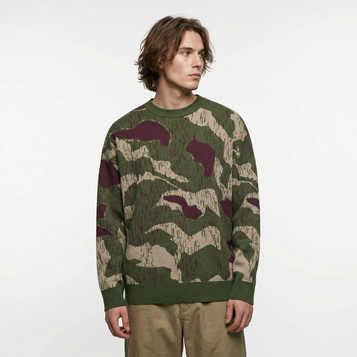 Man wearing a camouflage sweater on a white background