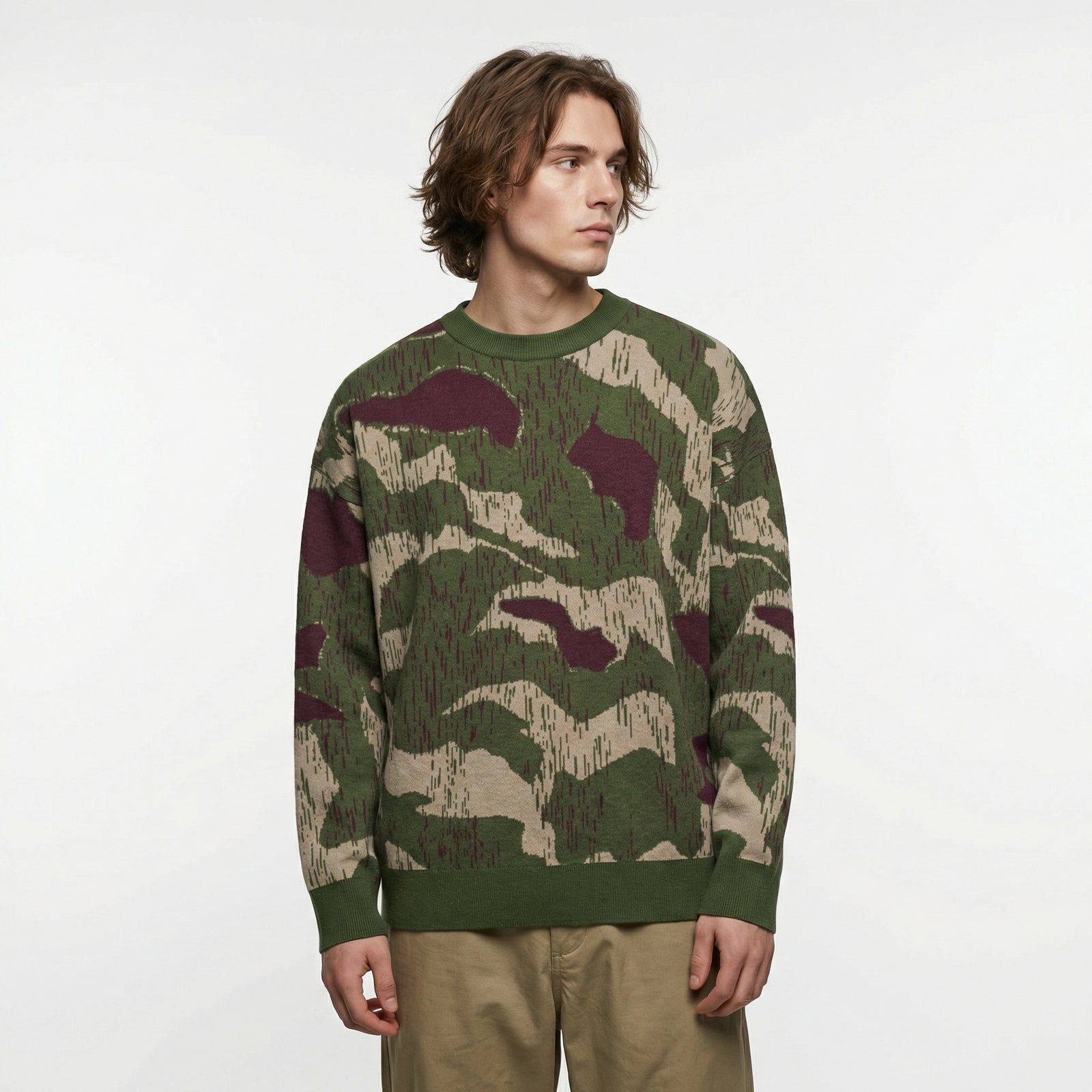 Man wearing a camouflage sweater on a white background